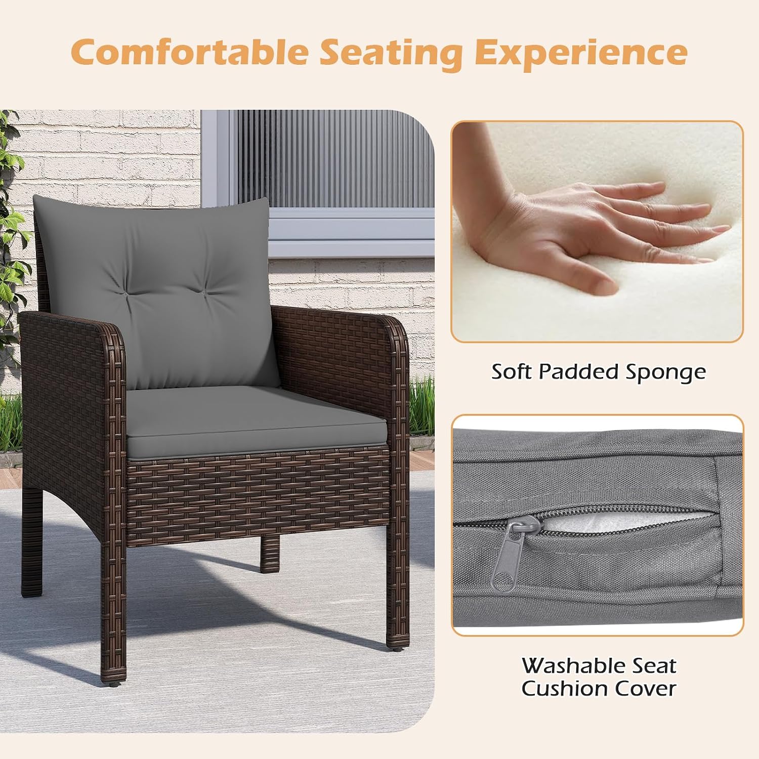Tangkula 3 Pieces Patio PE Wicker Furniture Set, Outdoor Bistro Conversation Set with Cushions and Tempered Glass Coffee Table, Outside Rattan Table and Chairs for Porch (Gray)