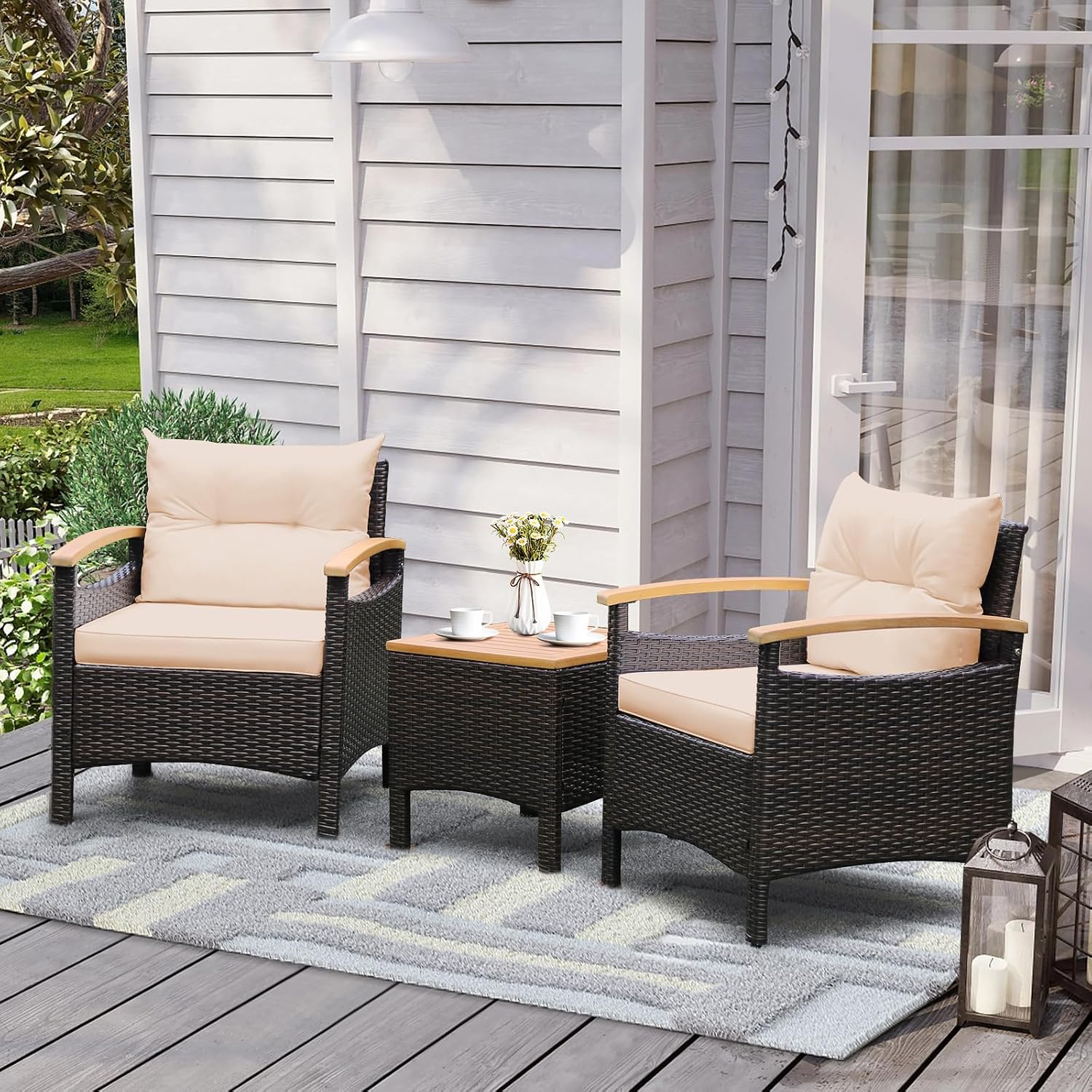 Tangkula 3-Piece Patio Furniture Set, Patiojoy Outdoor Rattan Sofa Set with Coffee Table, Patio Conversation Set with Removable Cushion, Cozy Acacia Wood Armrests for Backyard, Poolside (Beige)
