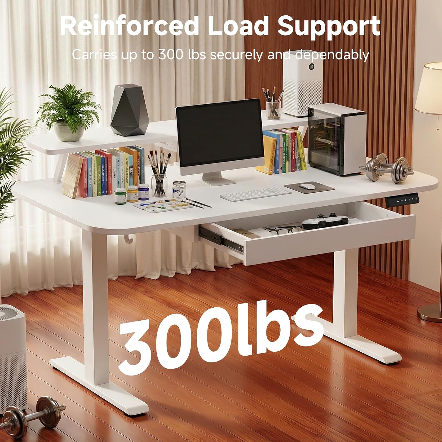 GTPLAYER Electric Standing Desk with Drawers, 55 x 24 Inches Height Adjustable Computer Desk with Monitor Stand, Laptop Stand, Home Office Sit Stand Up Desk with Memory Preset, White