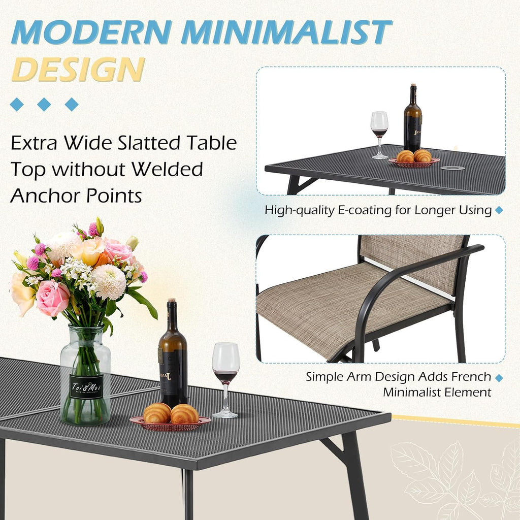 AECOJOY 5 Piece Patio Table and Chair Set for 4, Outdoor Dining Set Includes 51.2' Rectangle Table with 1.73' Umbrella Hole, 4 Stackable Textilene Chairs, for Garden, Backyard and Poolside, Dark Gray