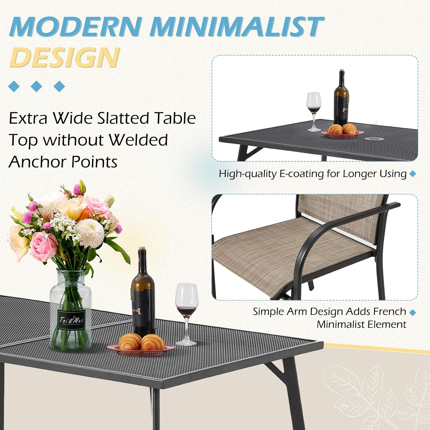 AECOJOY 5 Piece Patio Table and Chair Set for 4, Outdoor Dining Set Includes 51.2' Rectangle Table with 1.73' Umbrella Hole, 4 Stackable Textilene Chairs, for Garden, Backyard and Poolside, Dark Gray