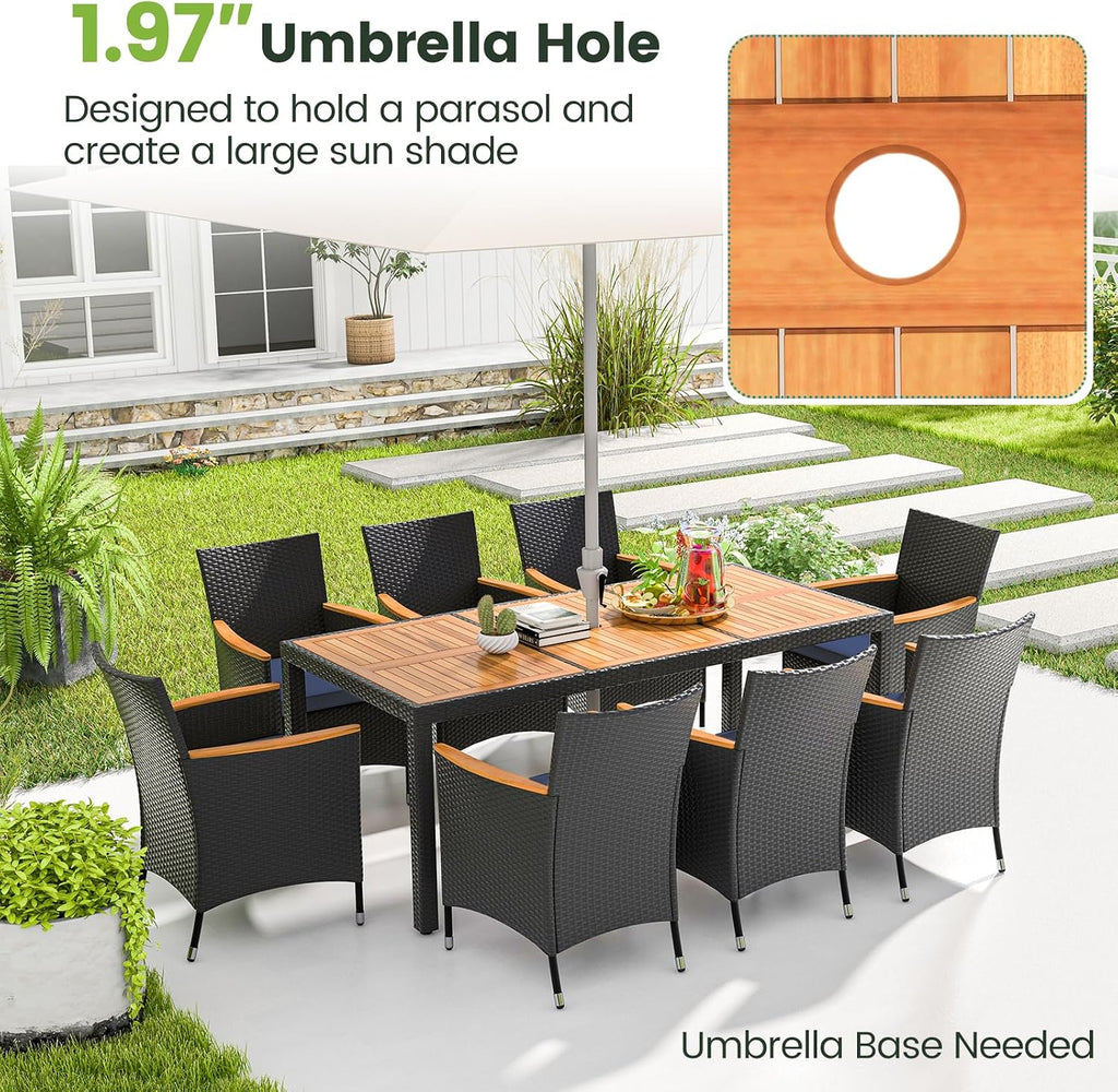 COSTWAY 9-Piece Patio Dining Set for 8, Outdoor Rattan Wicker Table and Chairs Furniture Set with Umbrella Hole, Acacia Wood Tabletop for Backyard, Balcony, Poolside, Black & Navy