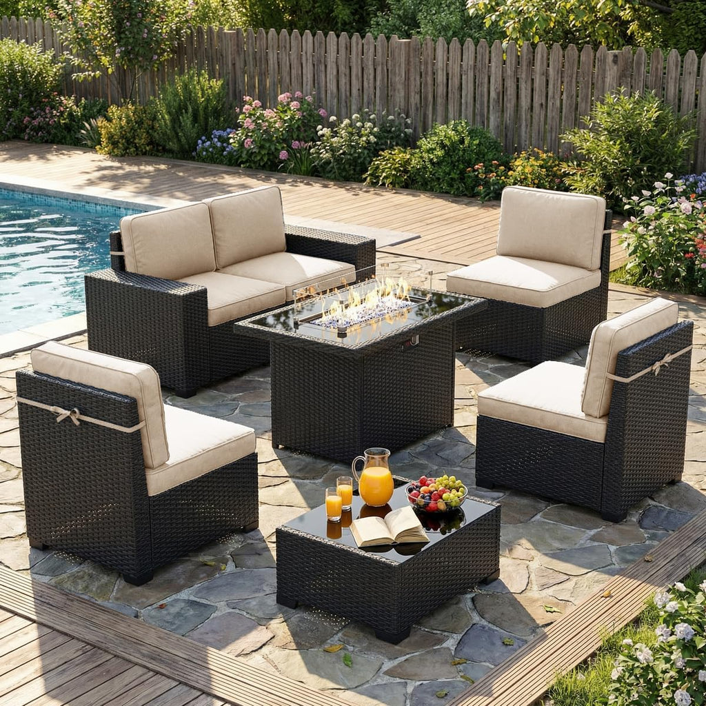 LayinSun 7 Pieces Outdoor Patio Furniture Set with 44' Fire Pit Table Rattan Sectional Sofa Conversation Sets