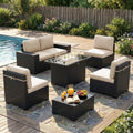 LayinSun 7 Pieces Outdoor Patio Furniture Set with 44' Fire Pit Table Rattan Sectional Sofa Conversation Sets
