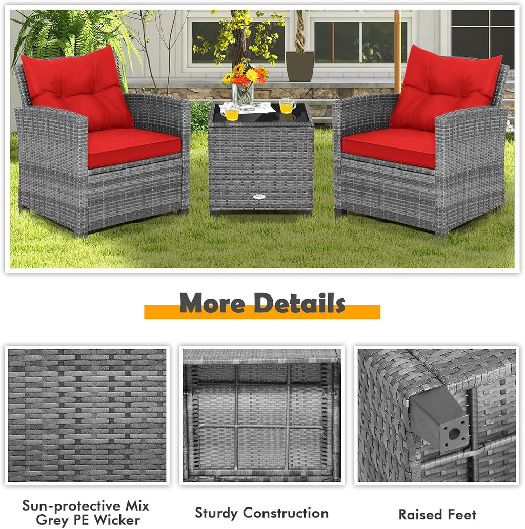 COSTWAY 3PCS Patio Furniture Set, PE Rattan Wicker Sofa w/Washable Cushion and Coffee Table, Tempered Glass Tabletop, Outdoor Conversation Set for Balcony, Porch, Yard, Backyard, Lawn, Red