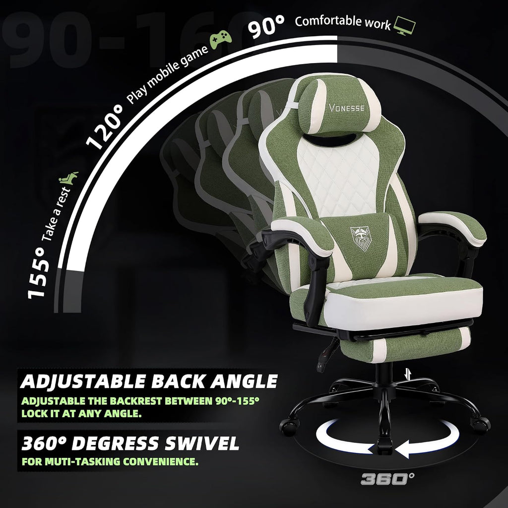 Vonesse Gaming Chair, Reclining Fabric Gaming Chairs for Adults 250LBS, Office Chair with Pocket Spring Cushion, Computer Chair with Footrest and Massage Lumbar Support (Green)