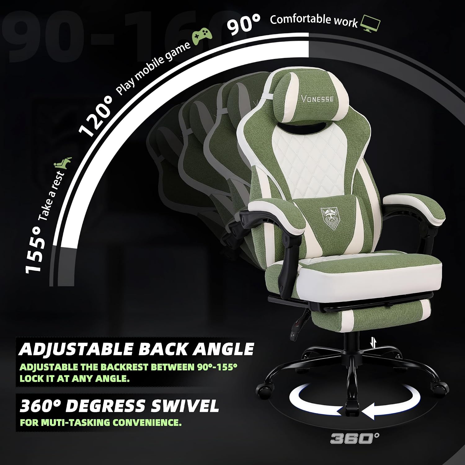 Vonesse Gaming Chair, Reclining Fabric Gaming Chairs for Adults 250LBS, Office Chair with Pocket Spring Cushion, Computer Chair with Footrest and Massage Lumbar Support (Green)
