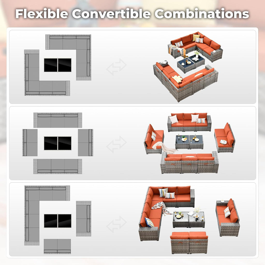 ovios 12 Pieces Patio Furniture Set, Outdoor Wicker Sectional Sofa with Coffee Table Comfy Cushions, Modern Modular Deep Seat Couch Rattan Conversation Set, Orange Red