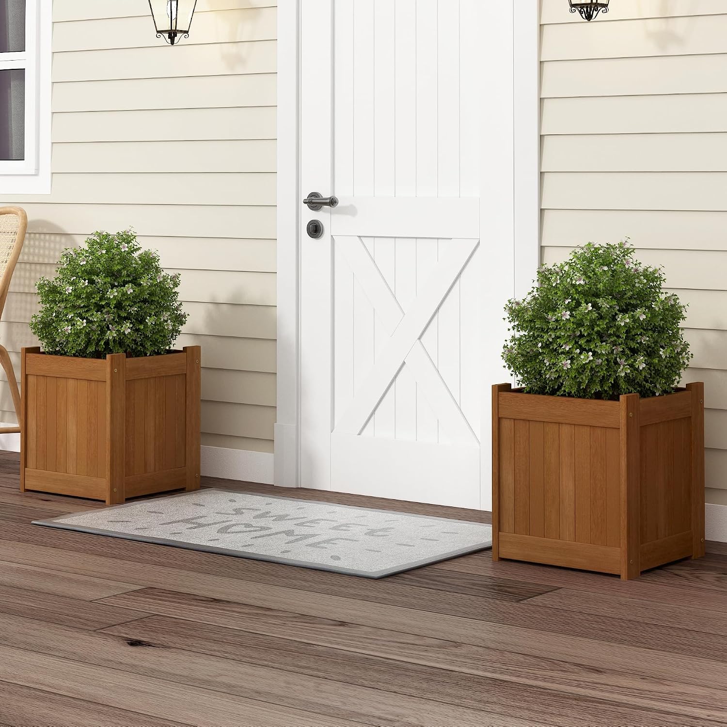 Furinno TIOMAN Planter Box Set of 2, Hardwood Flower Box, Cube Garden Box, in Teak Oil, Outdoor Indoor, Garden, Patio, Balcony, Light Wood