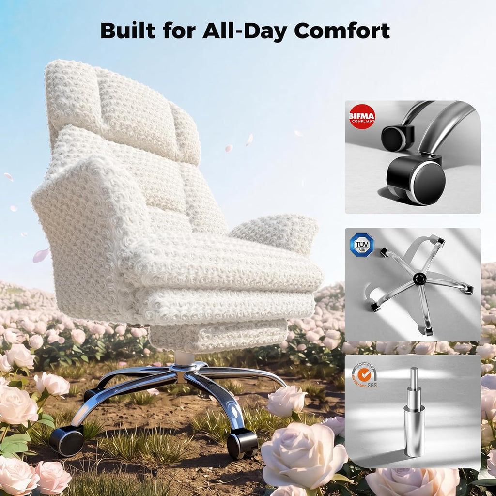 HOMRELEXA Big and Tall Office Chair, Flip Armrests for Pets & Cross Legged Sitting, Executive Ergonomic Computer Gaming Chair with Foot Rest, White Rose Velvet Wide Seat Reclining Desk Chair
