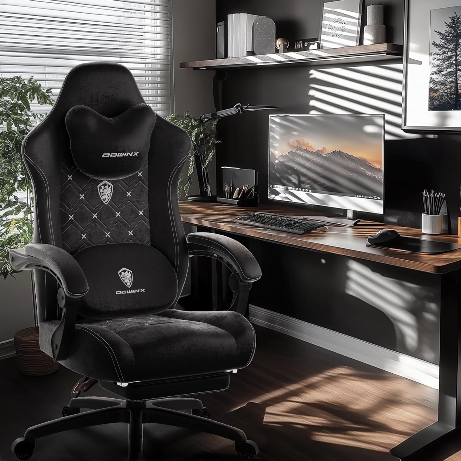 Dowinx Gaming Chair with Heated Massage Lumbar Support,Big and Tall Fabric Gaming Chairs for Adults with Footrest, Ergonomic Computer Game Chair with Poket Spring Cushions, 350lbs, Black