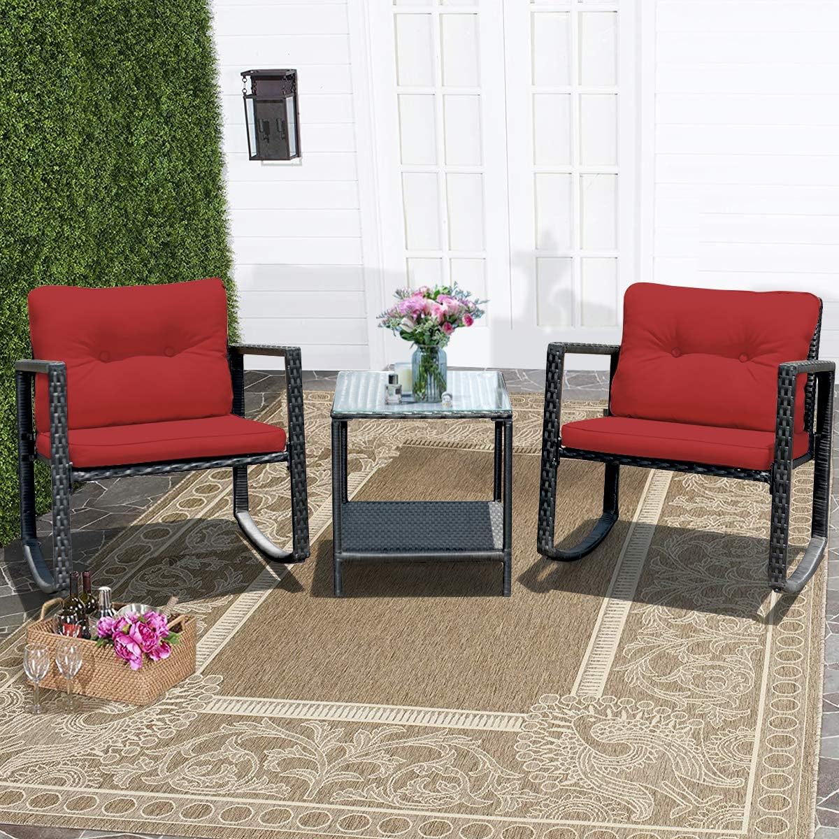 COSTWAY 3 Pieces Patio Rattan Rocking Chair Set, Outdoor Conversation Furniture Sets with Coffee Table, Storage Shelf and Cushions, Modern Bistro Set for Porch, Backyard, Garden, Red