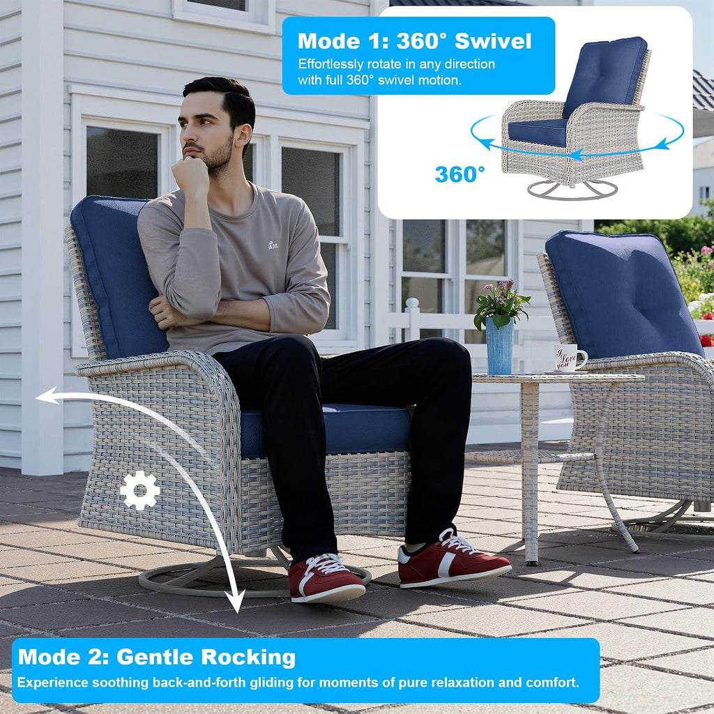 13-Piece Patio Furniture Set, Outdoor Patio Furniture with Swivel Chairs Set, Ottomans, 55,000 BTU Fire Pit Table, Modular Patio Sofa, Dual-Strand Wicker Rattan, Rust-Resistant Frame, Navy Blue