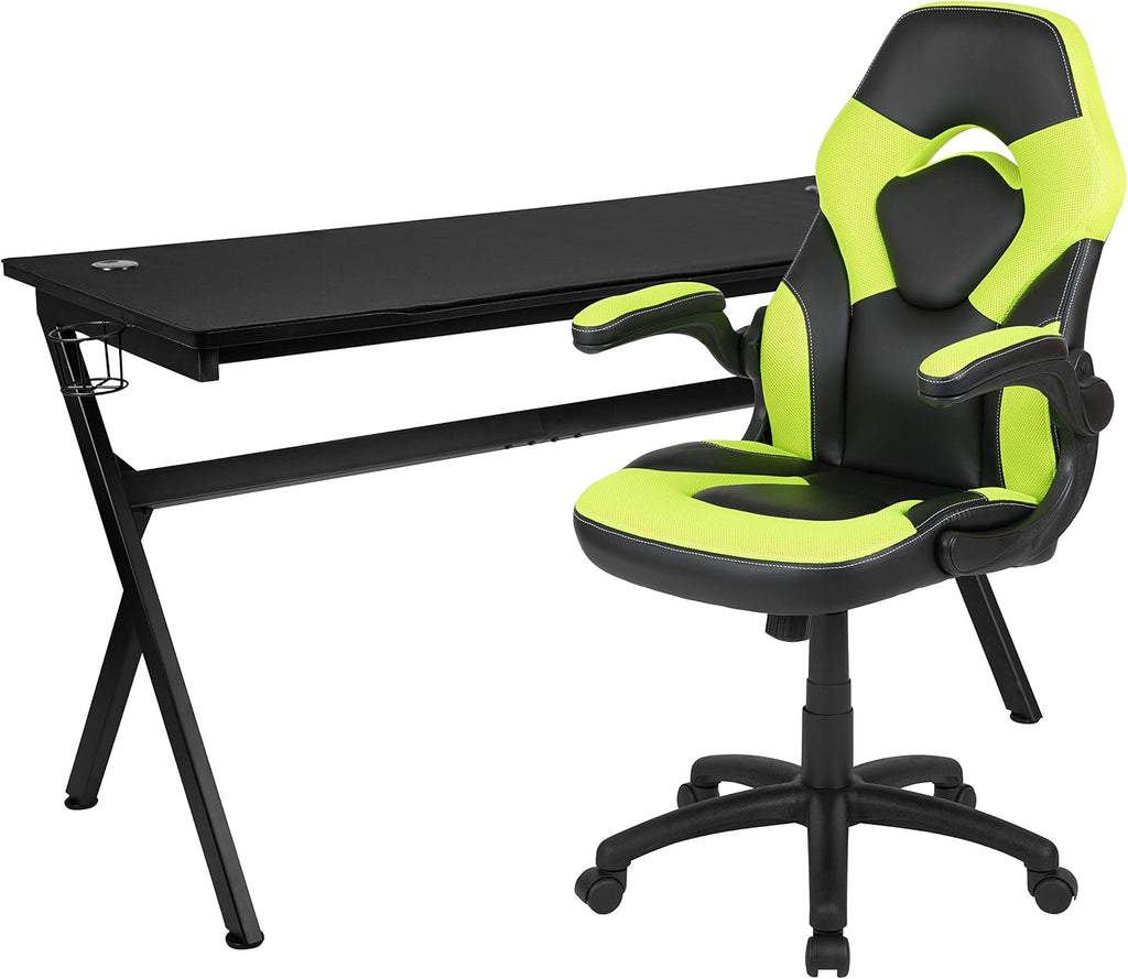Flash Furniture Gaming Desk and Green/Black Racing Chair Set /Cup Holder/Headphone Hook/Removable Mouse Pad Top - 2 Wire Management Holes