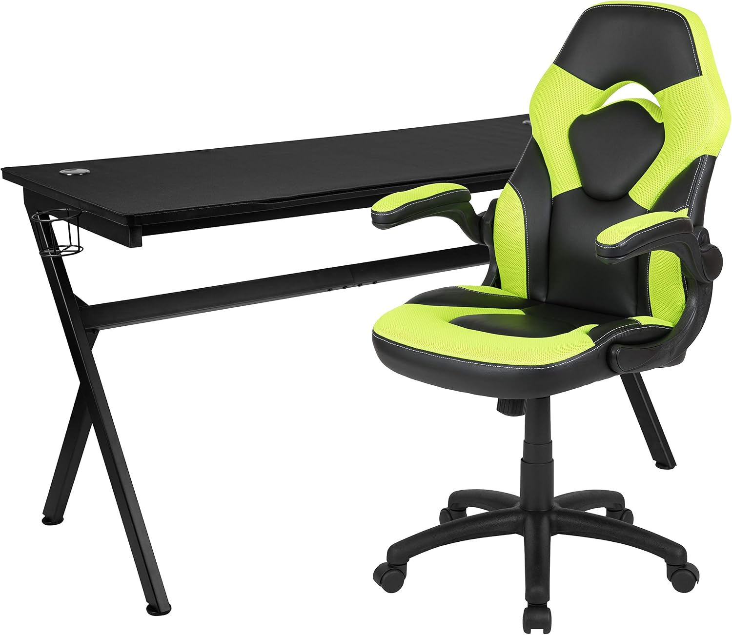 Flash Furniture Gaming Desk and Green/Black Racing Chair Set /Cup Holder/Headphone Hook/Removable Mouse Pad Top - 2 Wire Management Holes