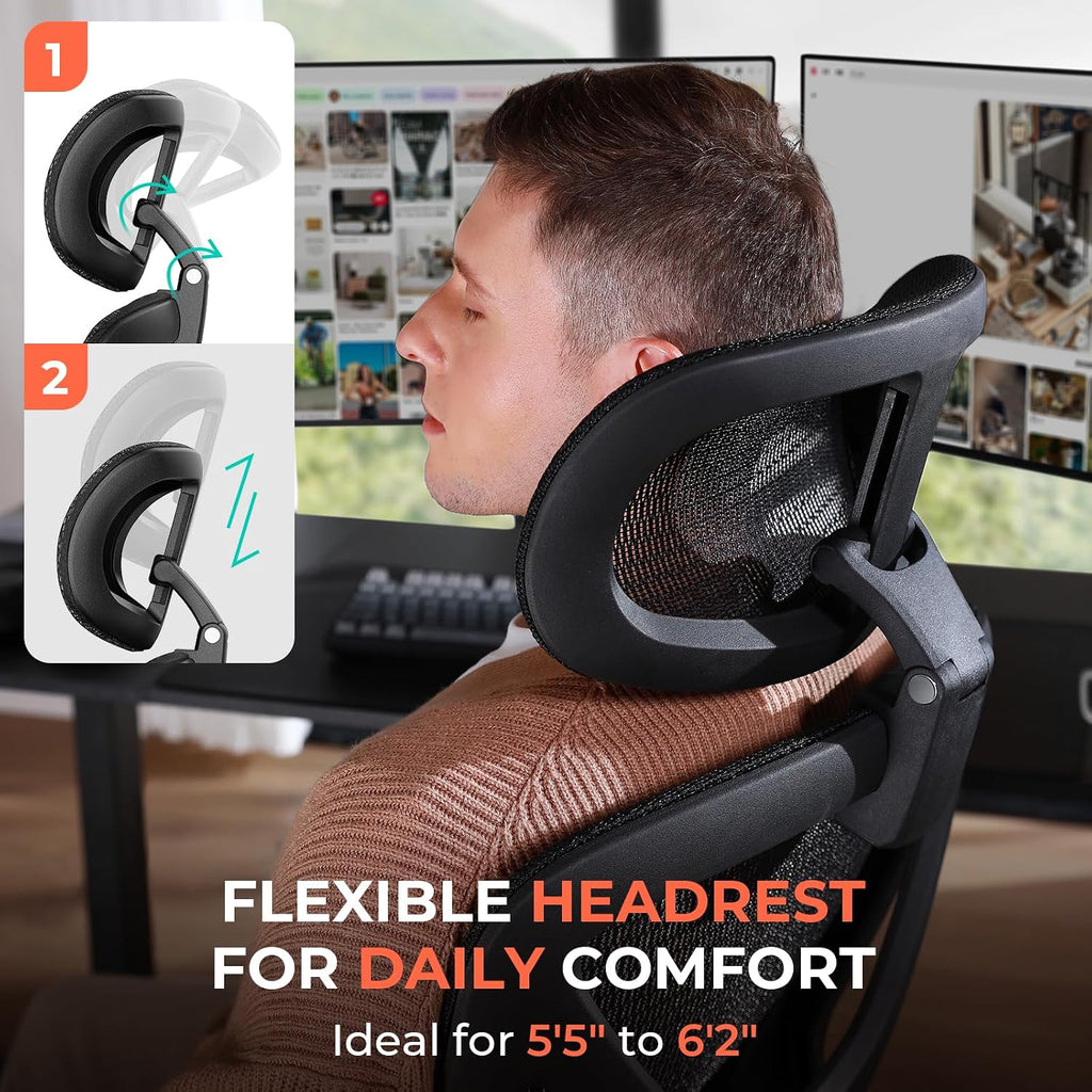 CAPOT Ergonomic Mesh Office Chair, Adjustable Lumbar High Back Desk Chair 400lbs, 4D Flip-up Arms, 3-Level Tilt Backrest, 3D Headrest, PU Wheels, Swivel Rolling Computer Seating for Long Desk Work