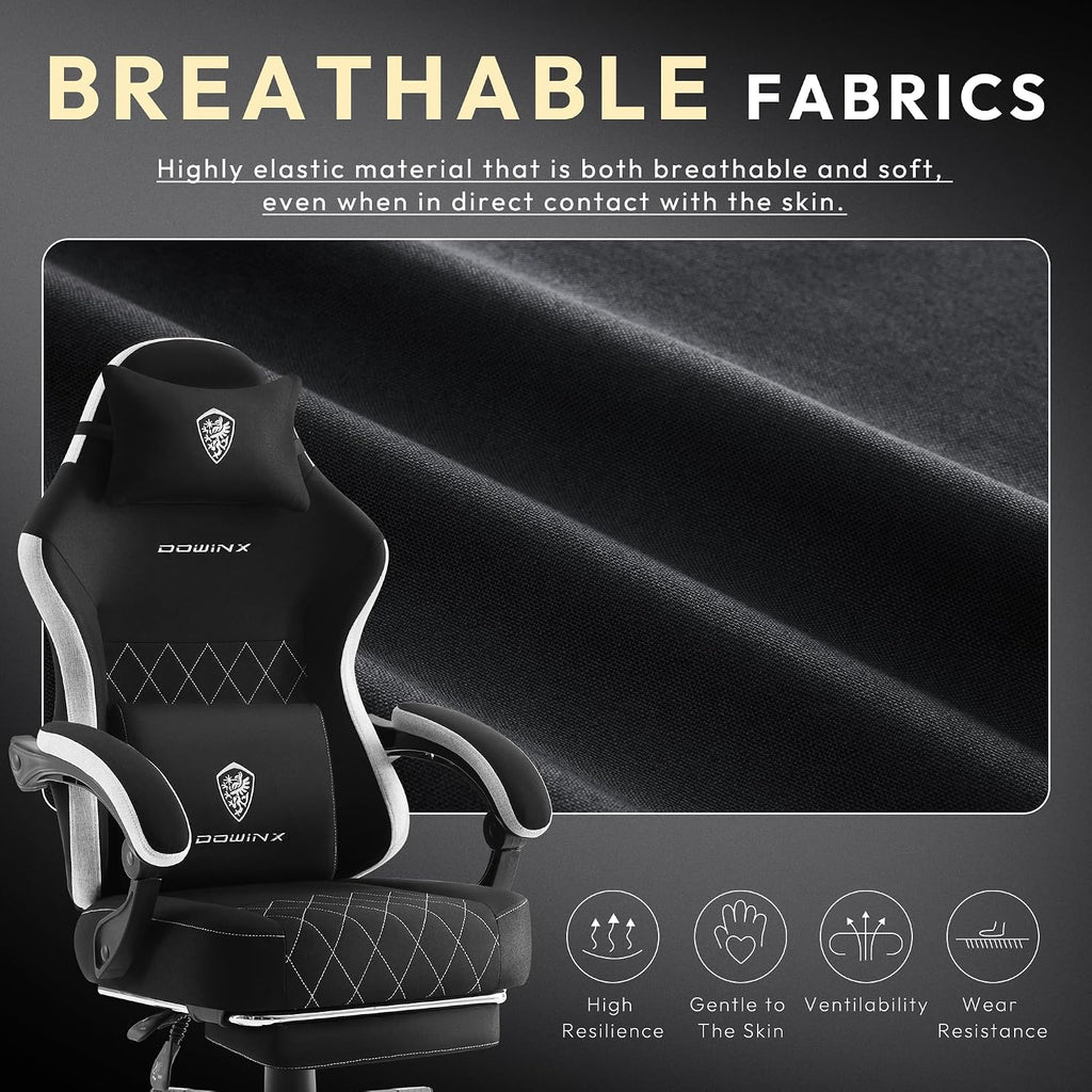 Dowinx Gaming Chair, Breathable Fabric Computer Chair with Pocket Spring Cushion, Ergonomic Massage Gamer chair with Lumbar Support and Footrest, Height Adjustable Office Game chairs for Adults, Black