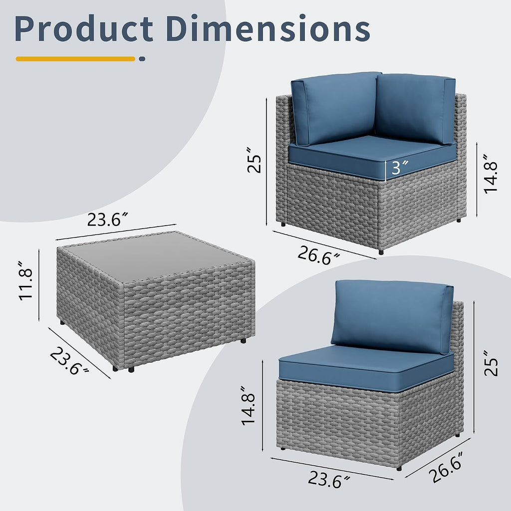 SUNLEI 5 Piece Patio Furniture Sets, Low Back All-Weather Rattan Sectional Sofa with Tea Table&Washable Couch Cushions, Patio Furniture Sets, Silver Rattan