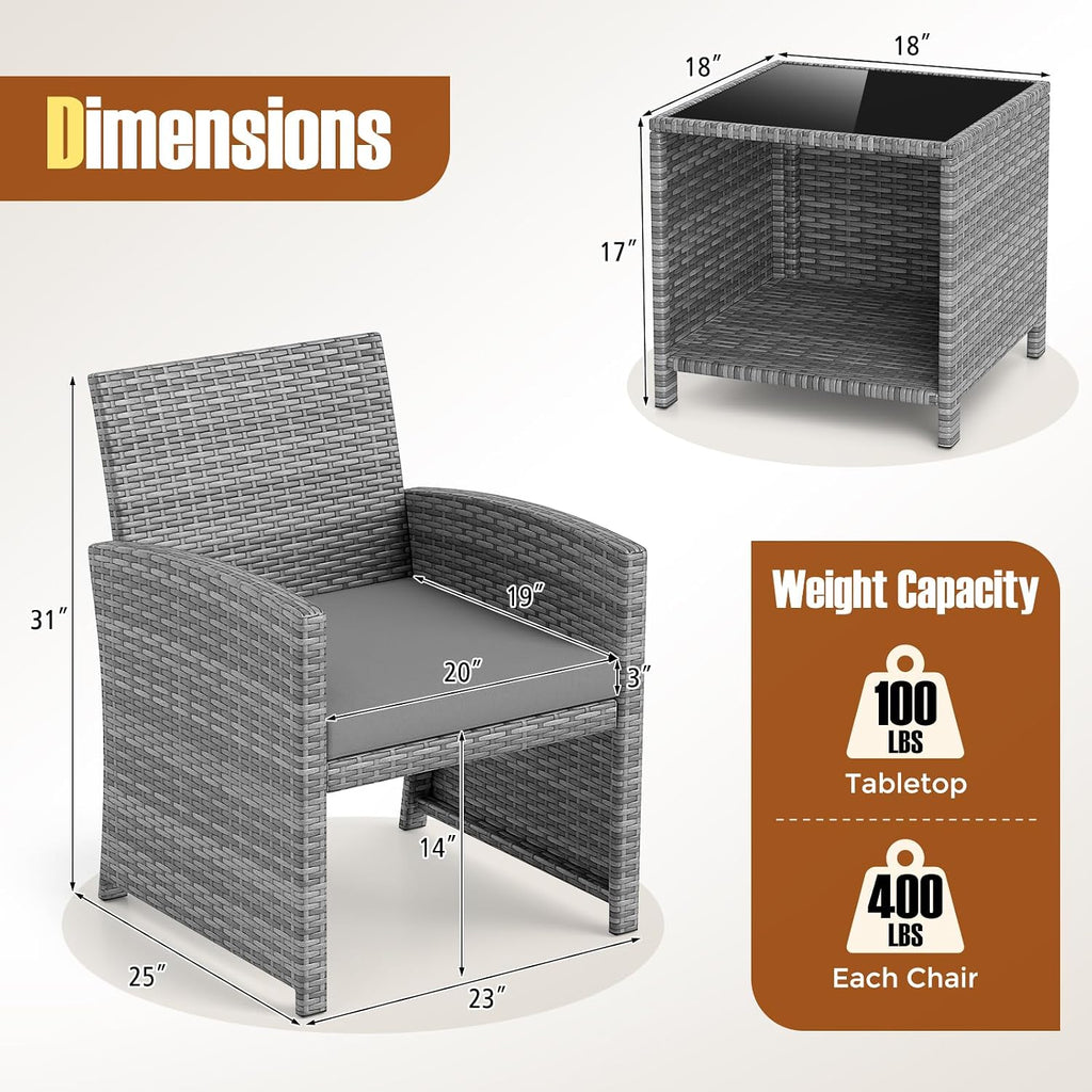 KOTEK 3 Piece Patio Furniture Set, Outdoor Wicker Patio Chairs with Cushions & Storage Table, PE Rattan Bistro Set for Porch, Backyard, Balcony (Grey)