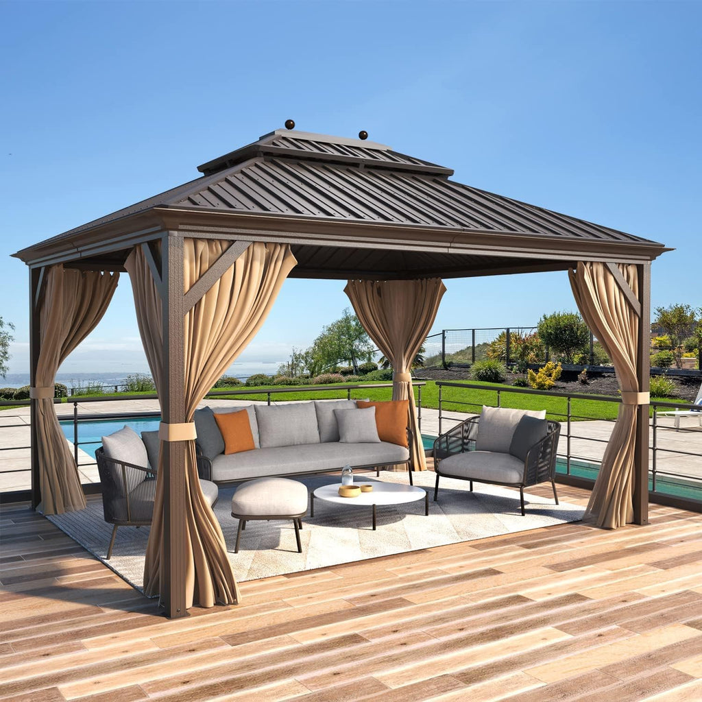 MELLCOM 12' x 14' Hardtop Gazebo, Brown Permanent Pavilion Gazebos with Curtains and Netting, Galvanized Steel Metal Double Roof with Aluminum Frame for Patios, Gardens, Lawns