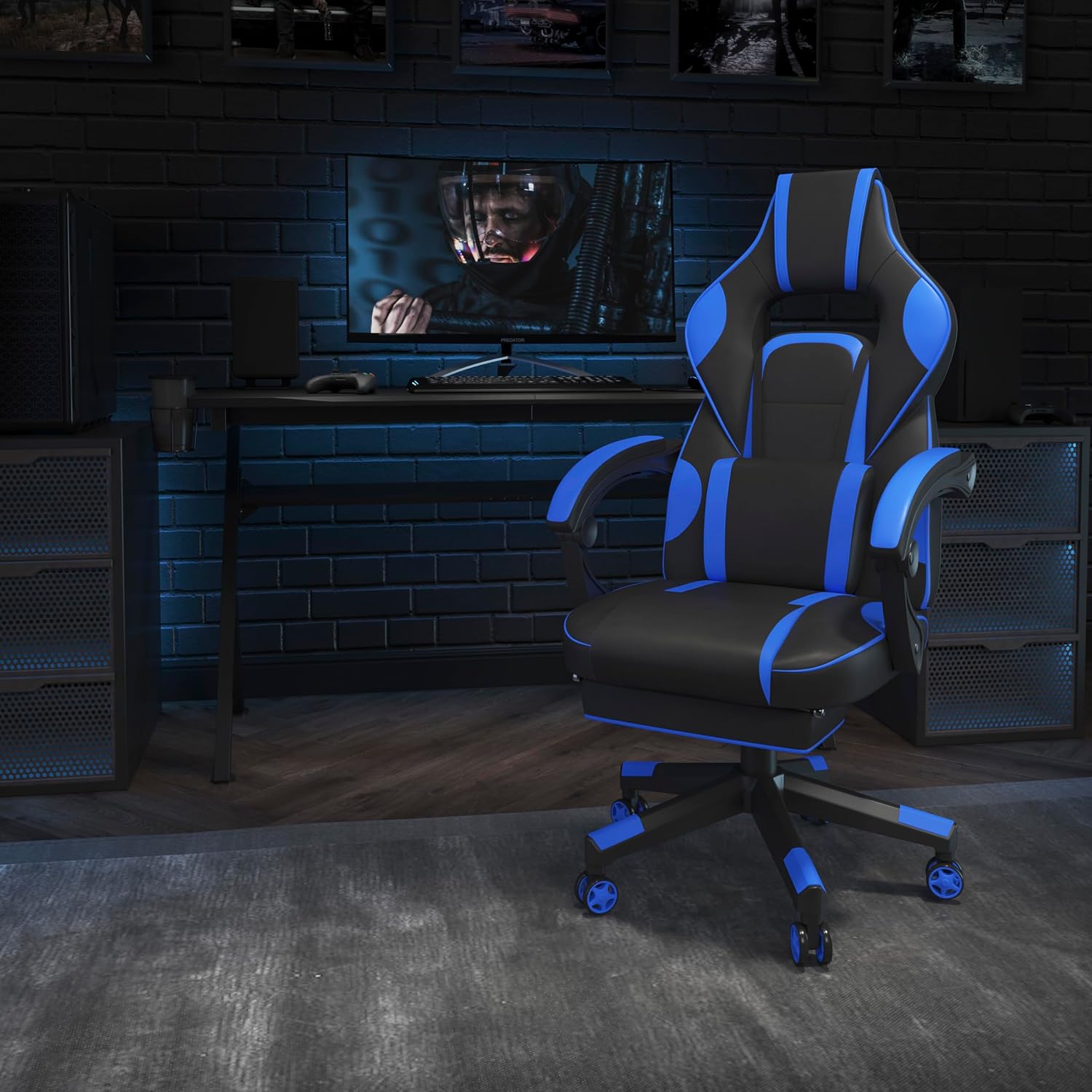EMMA + OLIVER Black/Blue Ergonomic Gaming Chair -Recline Back/Arms, Footrest, Massaging Lumbar