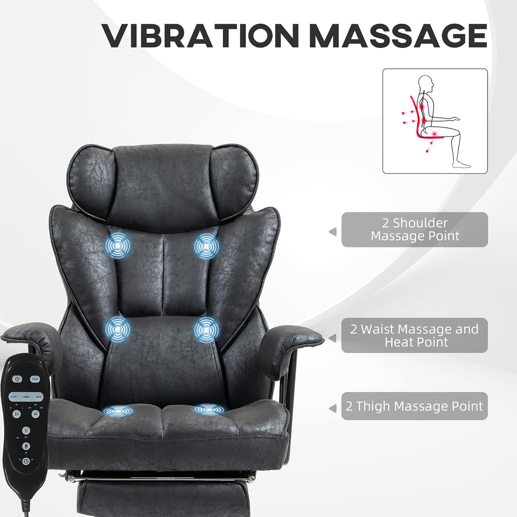 HOMCOM Massage Executive Office Chair with 6 Vibration Points, 400LBS Heated Big and Tall Office Chair with Foot Rest and Lumbar Support, Microfiber Reclining Computer Desk Chair, Black