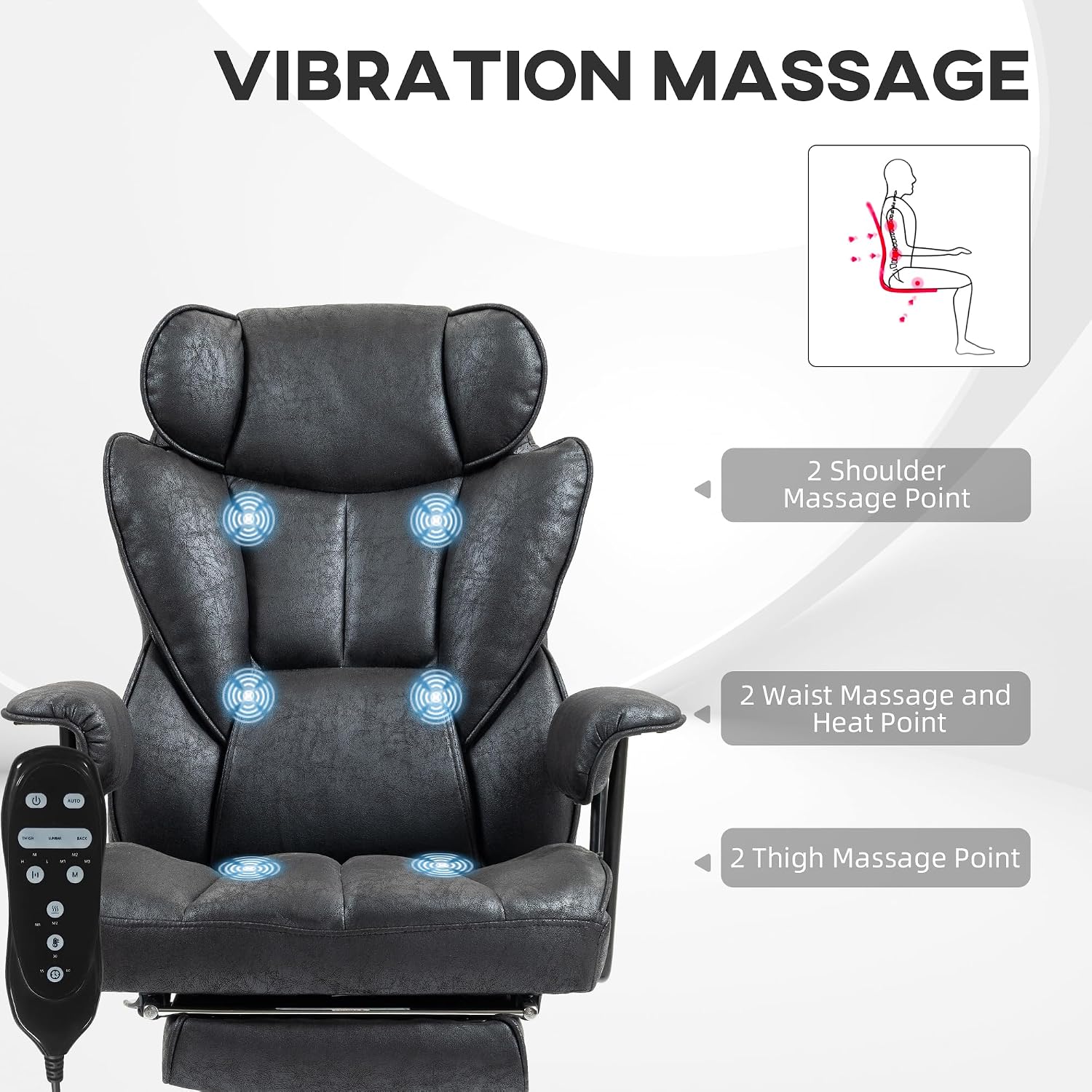 HOMCOM Massage Executive Office Chair with 6 Vibration Points, 400LBS Heated Big and Tall Office Chair with Foot Rest and Lumbar Support, Microfiber Reclining Computer Desk Chair, Black