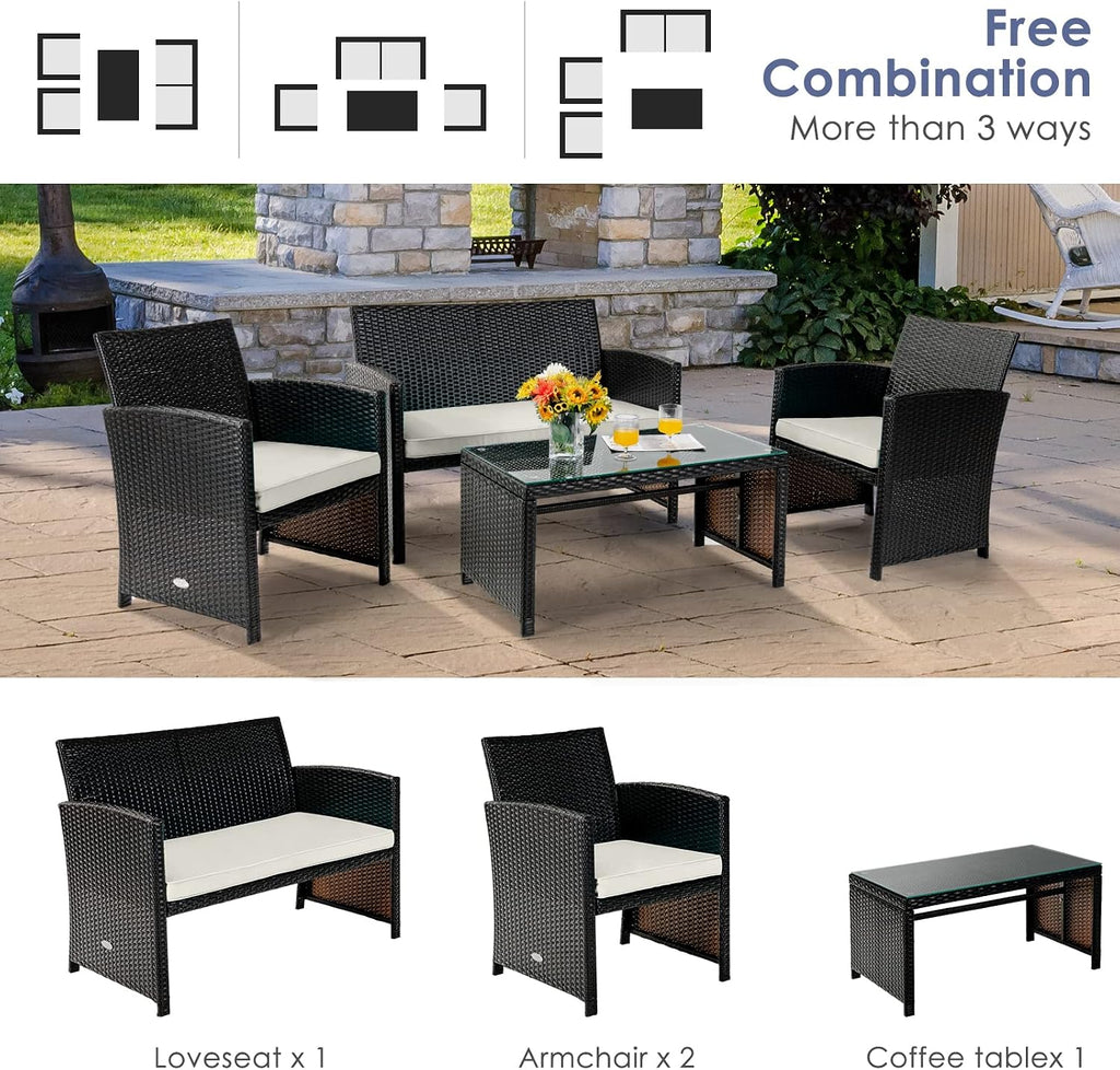 COSTWAY 4 Piece Patio Furniture Set, Outdoor PE Rattan Wicker Sectional Sofa with Cushion and Coffee Table, Patio Conversation Sets for Balcony Lawn Porch Patio Backyard Garden Poolside, White