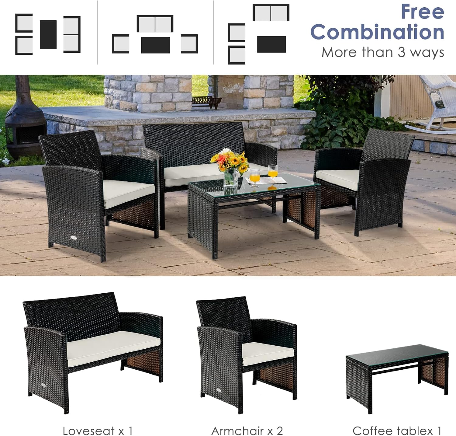 COSTWAY 4 Piece Patio Furniture Set, Outdoor PE Rattan Wicker Sectional Sofa with Cushion and Coffee Table, Patio Conversation Sets for Balcony Lawn Porch Patio Backyard Garden Poolside, White