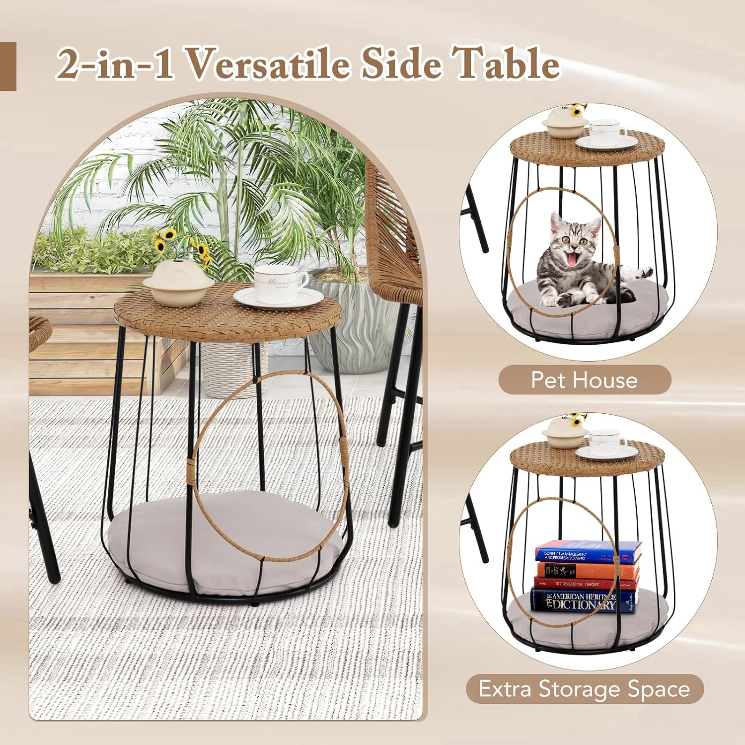 Tangkula 3 Pieces Outdoor Furniture Set with Pet House, Heavy Duty Metal Frame Patio Armless Chairs with Coffee Table, for Patio, Yard, Poolside, Garden (Light Brown)