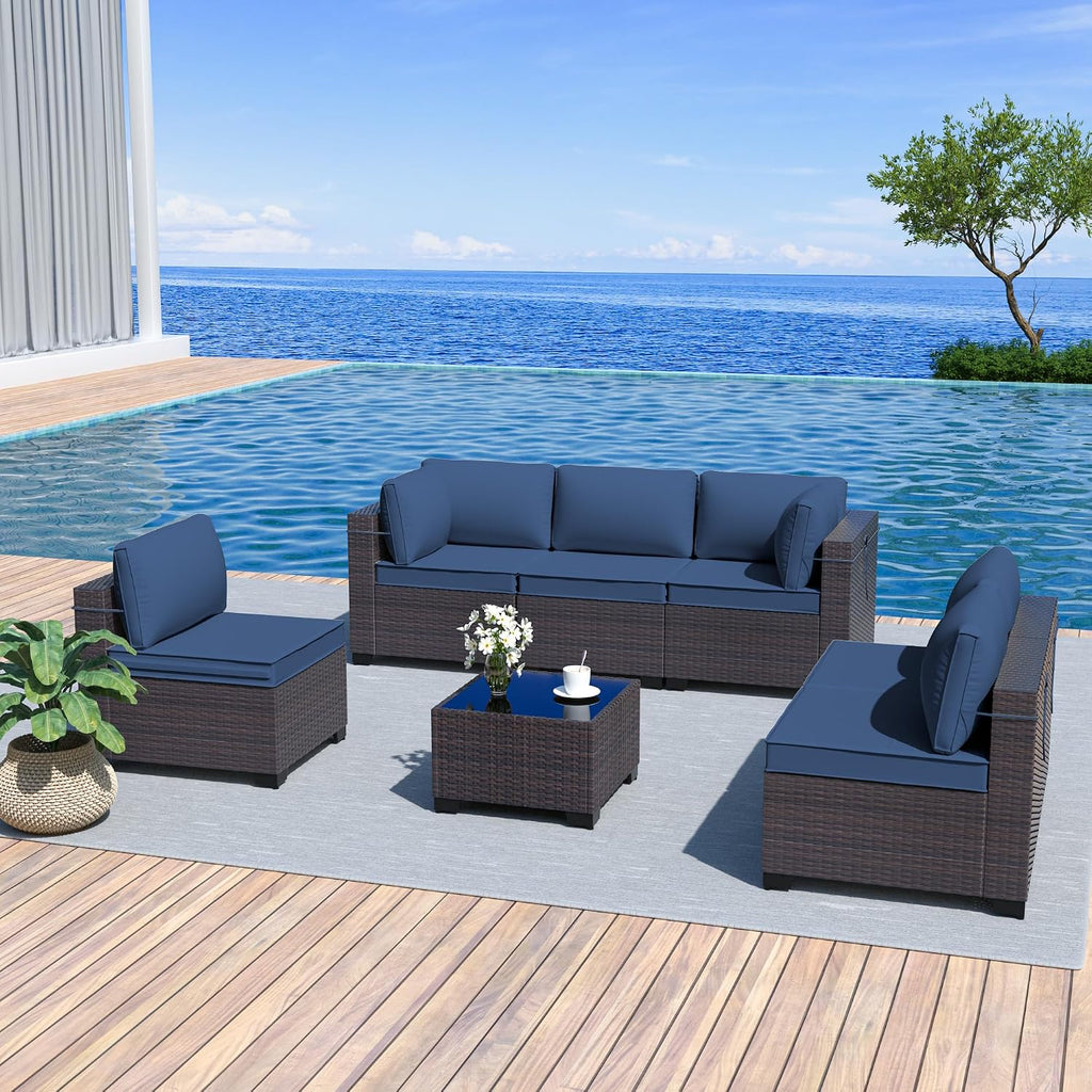 Kurapika 7 Pieces Patio Furniture Set, Rattan Wicker Outdoor Conversation Sets w/4 Inch Cushion and Glass Coffee Table(Navy Blue)