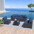 Kurapika 7 Pieces Patio Furniture Set, Rattan Wicker Outdoor Conversation Sets w/4 Inch Cushion and Glass Coffee Table(Navy Blue)