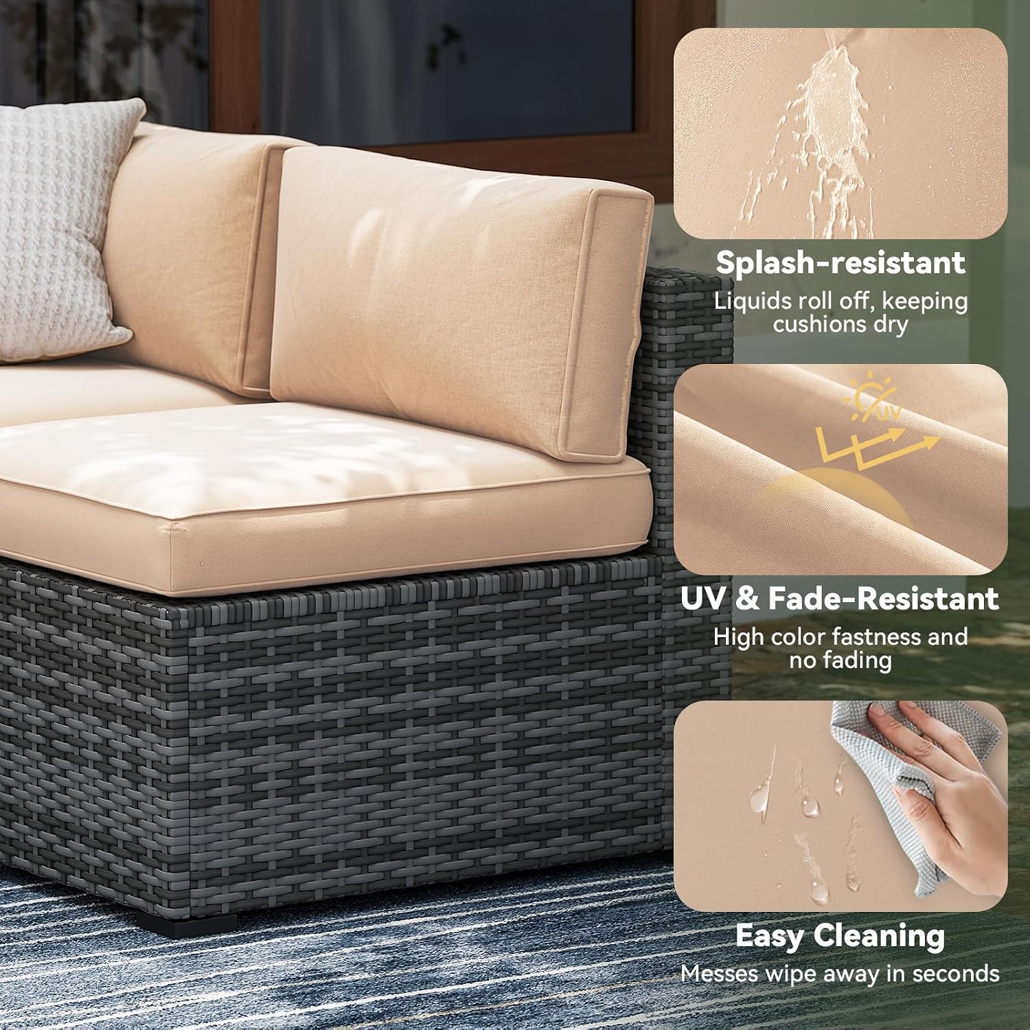 Aoxun Replacement Cushions for Outdoor Furniture, 9-Piece Outdoor Cushions for Patio Furniture, Deep Seat, Splash-Proof & Fade Resistant Couch Cushion for 4-Seat Patio Conversation Sets, Beige