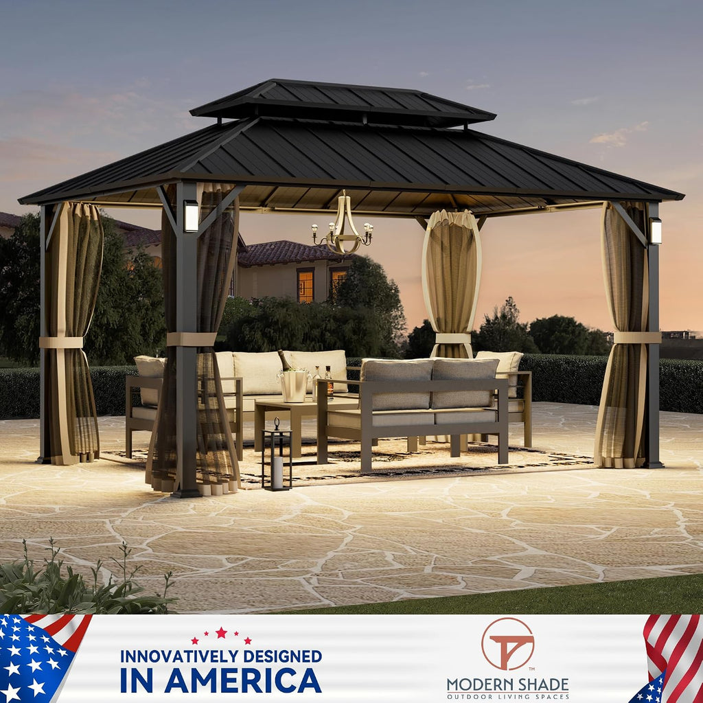 Modern Shade The Horizon Hard Top Gazebo 10' x 14' with 4 LED Lights, Permanent Hardtop Gazebo with Galvanized Steel Double Roof, Metal Gazebo with Decor Hooks, Mosquito Nettings for Patio, Black