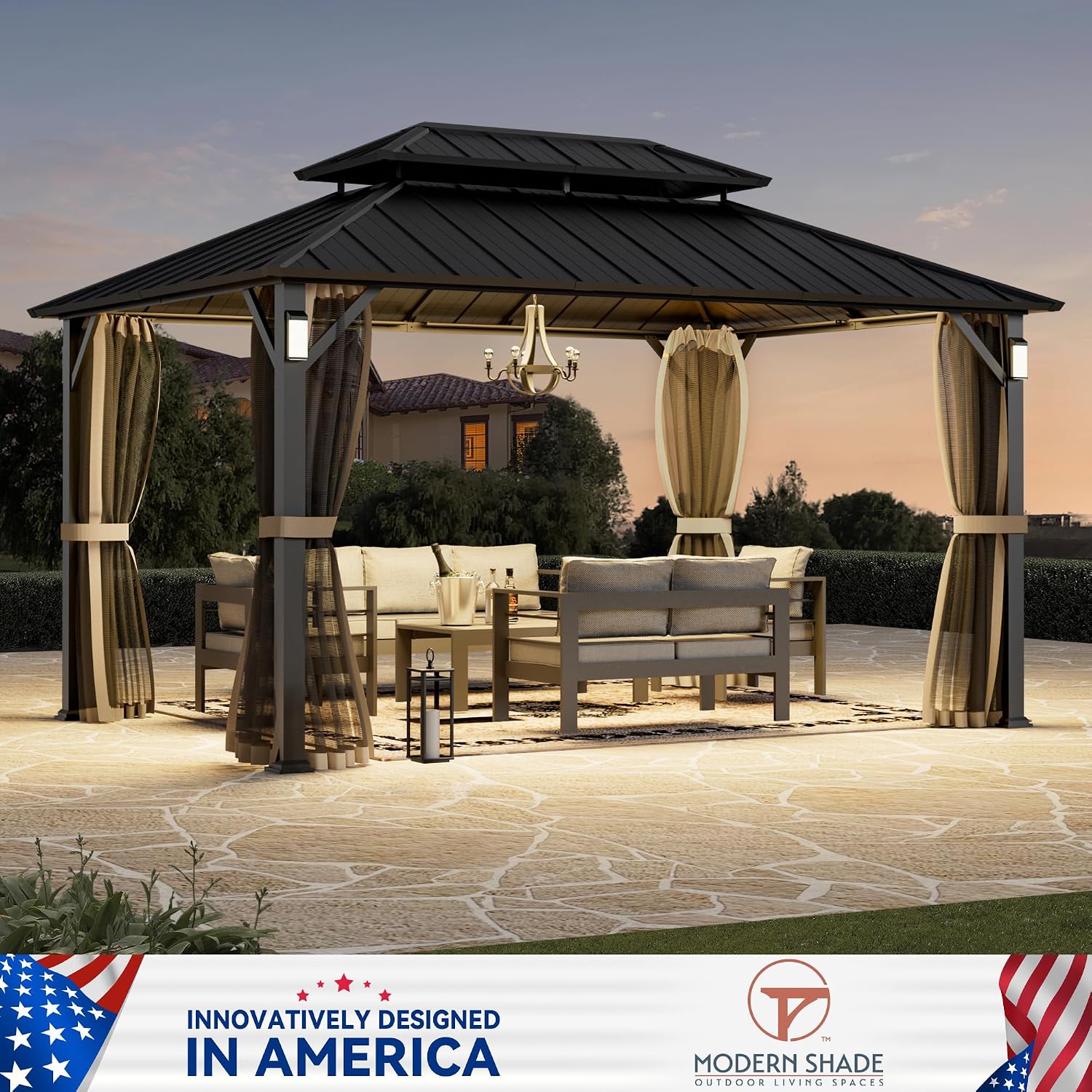 Modern Shade The Horizon Hard Top Gazebo 10' x 14' with 4 LED Lights, Permanent Hardtop Gazebo with Galvanized Steel Double Roof, Metal Gazebo with Decor Hooks, Mosquito Nettings for Patio, Black