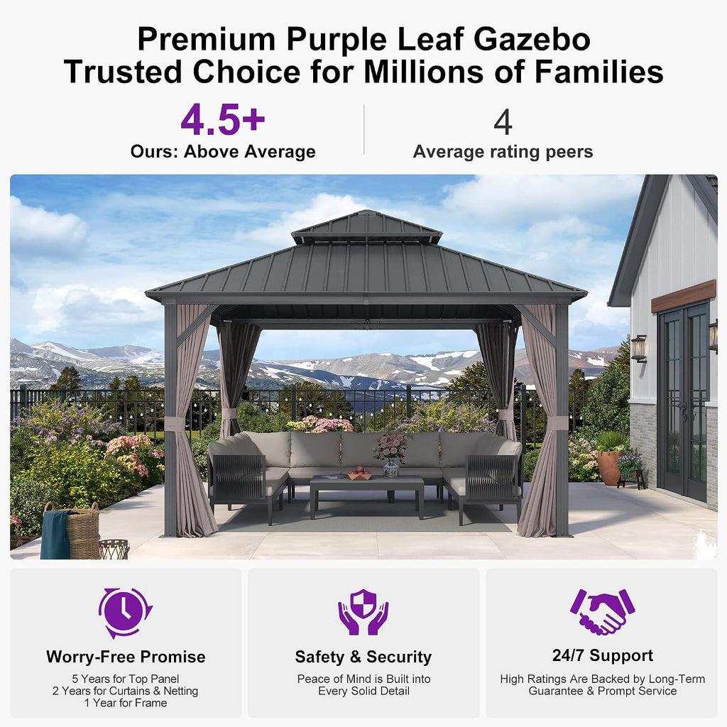 PURPLE LEAF 12' X 12' Permanent Hardtop Gazebo Outdoor Aluminum Gazebo with Galvanized Steel Double Roof for Patio Lawn Garden Aluminum with Netting and Curtains Grey