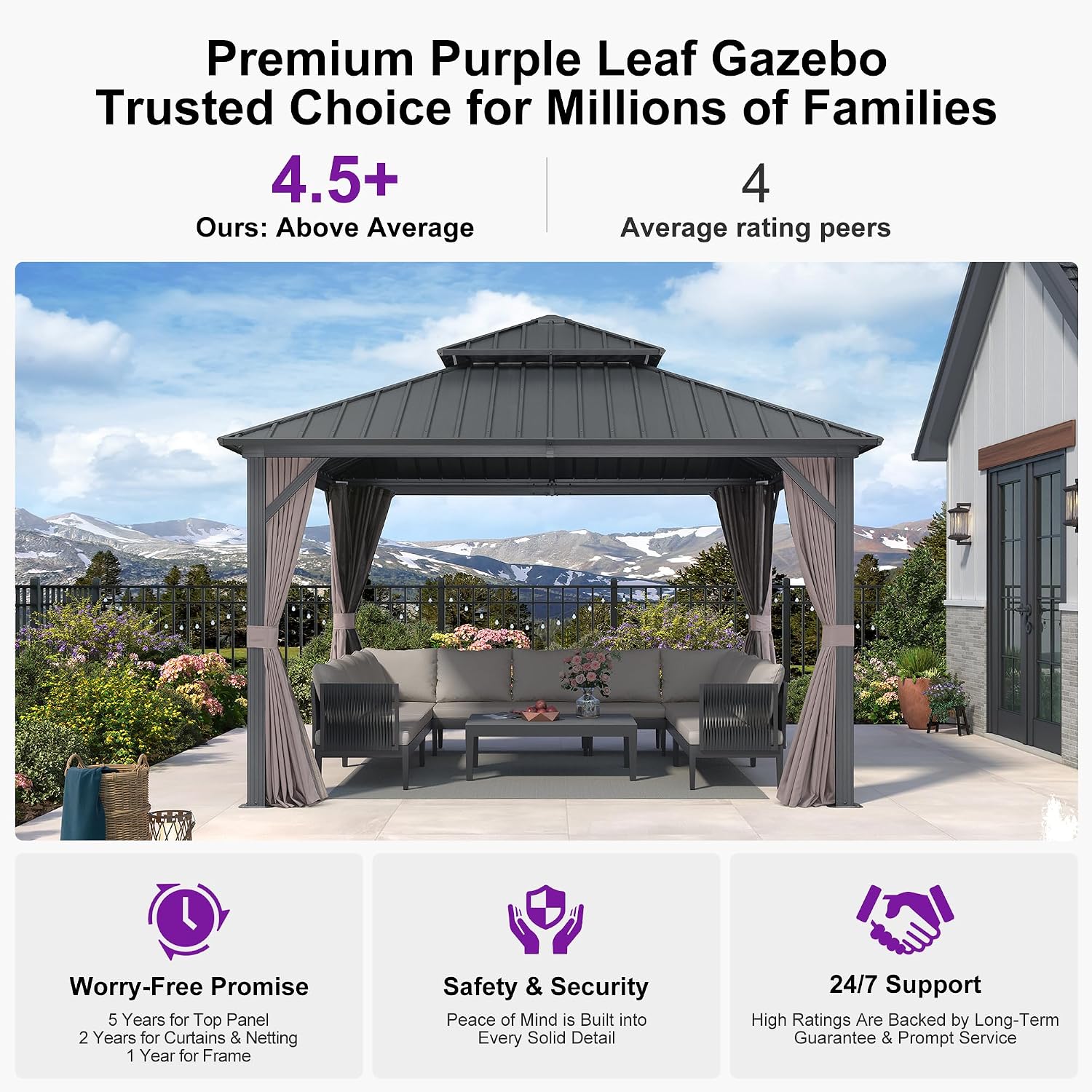PURPLE LEAF 12' X 12' Permanent Hardtop Gazebo Outdoor Aluminum Gazebo with Galvanized Steel Double Roof for Patio Lawn Garden Aluminum with Netting and Curtains Grey