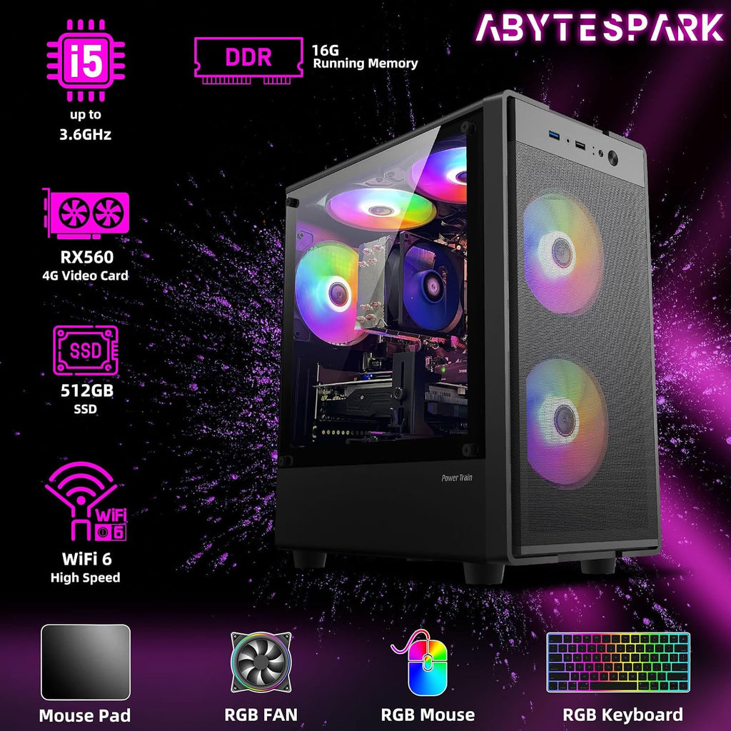 Prebuilt Gaming PC Desktop Computer,Intel Core i5 to 3.6GHz,RX560 Graphics Card with 4GB GDDR5 Video Memory,16GB RAM, 512GB SSD,WiFi 5.0,RGB Fan x5