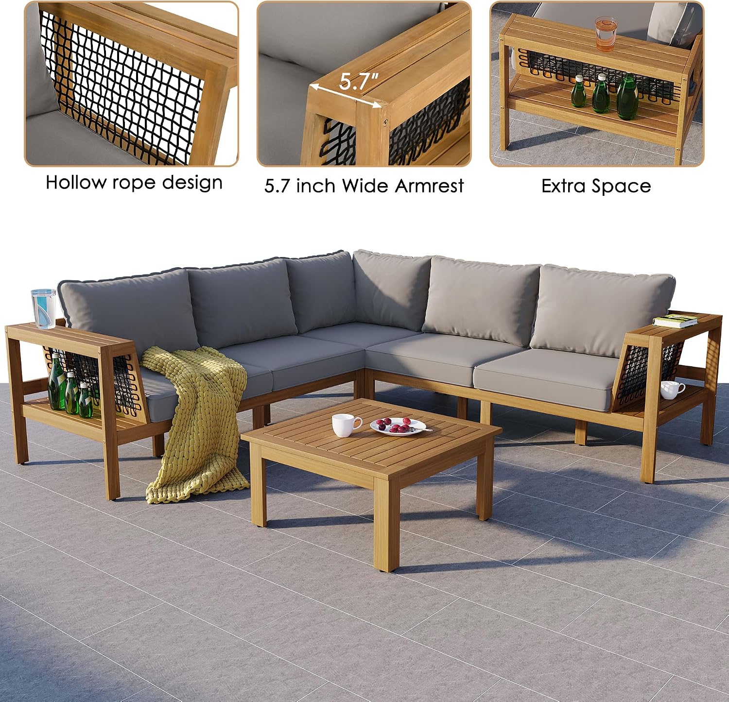 4 Piece Outdoor Patio Furniture Set, L-Shaped Patio Sofa Set with Coffee Table and Woven Mesh Armrests, All-Weather Conversation Seat with Cushions and Side Table (Gray+Natural)