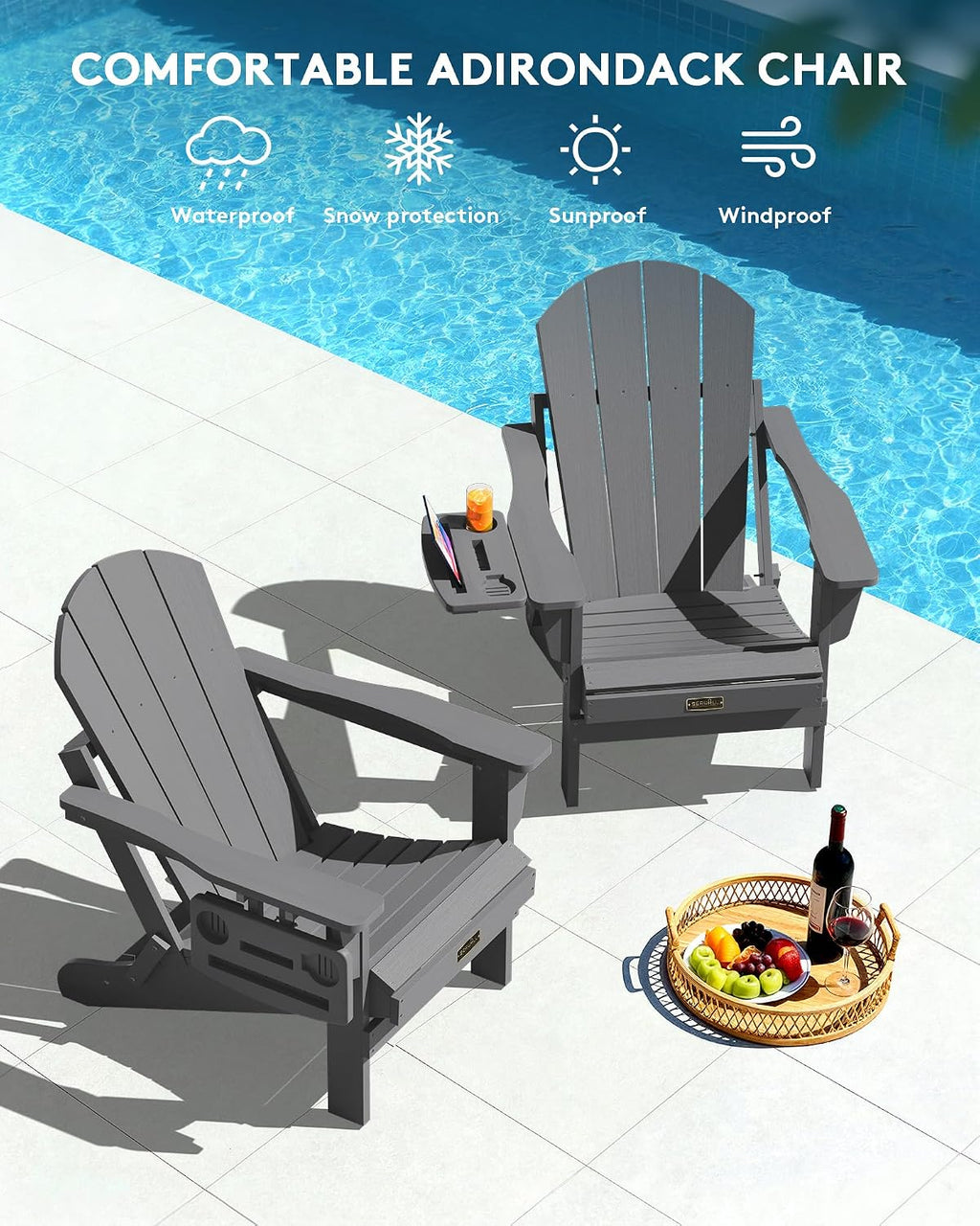 SERWALL Folding Adirondack Chair Set of 4, Outdoor Adirondack Chairs with 4 in 1 Cup Holder, Wood Texture Patio Chairs, Weather Resistant Fire Pit Chairs for Patio Deck Garden, Backyard Deck - Gray