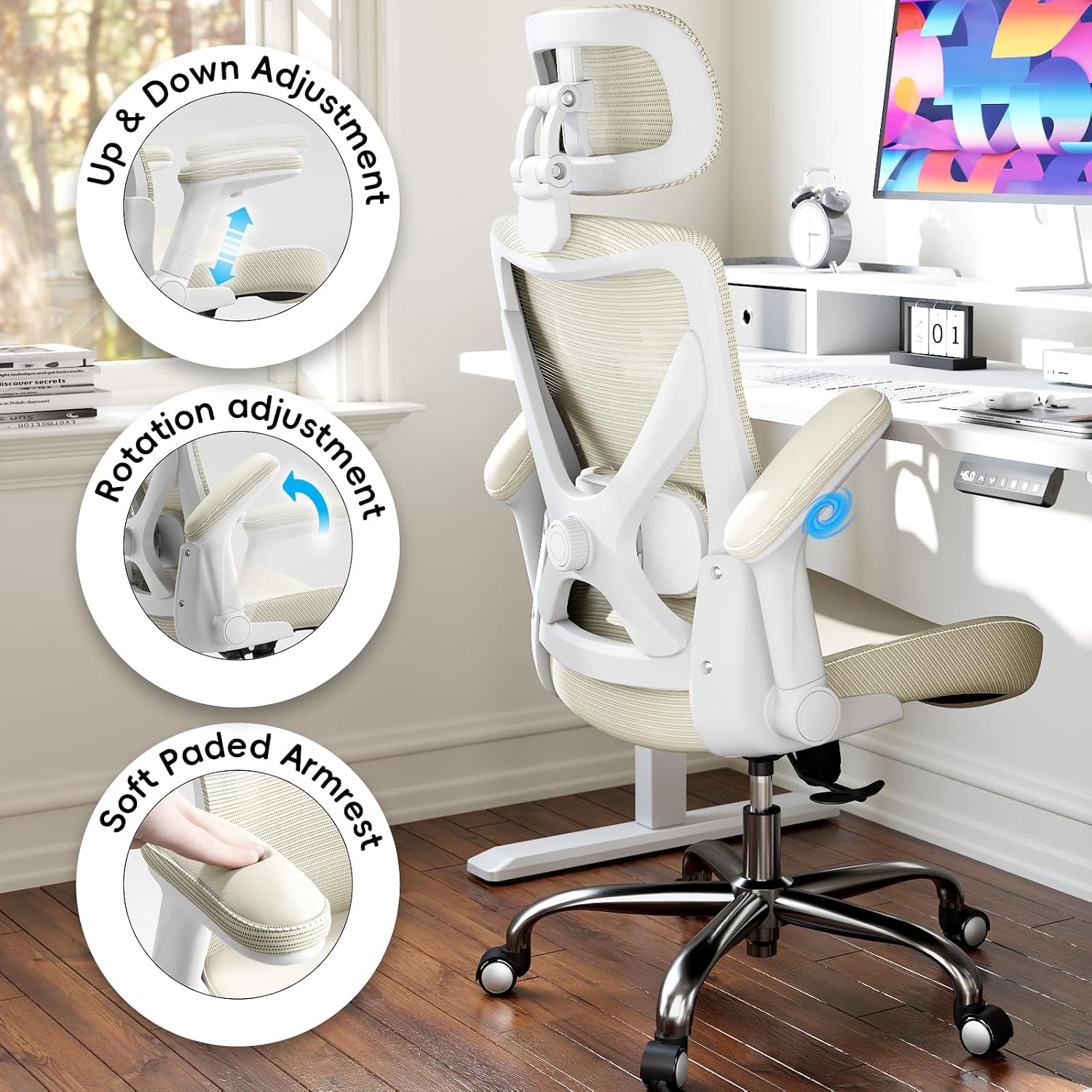 Ergalithic Office Home Ergonomic Desk Chair-Computer X-Shaped Chair Mesh PU Leather with Adjustable Lumbar Support-Executive Chair High Back with Headrest Flip-Up Arms for Long Hours (Beige)