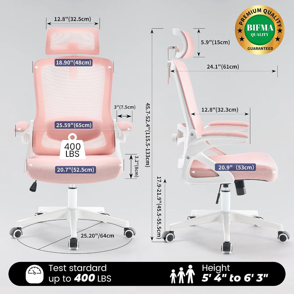 Fizzin Ergonomic Office Chair, 400 LBS Desk Chair with Adjustable Lumbar Support, High Back Breathable Mesh Computer Chair Rolling Work Swivel Task Chairs, Comfy Home Office Desk Chair (Pink)