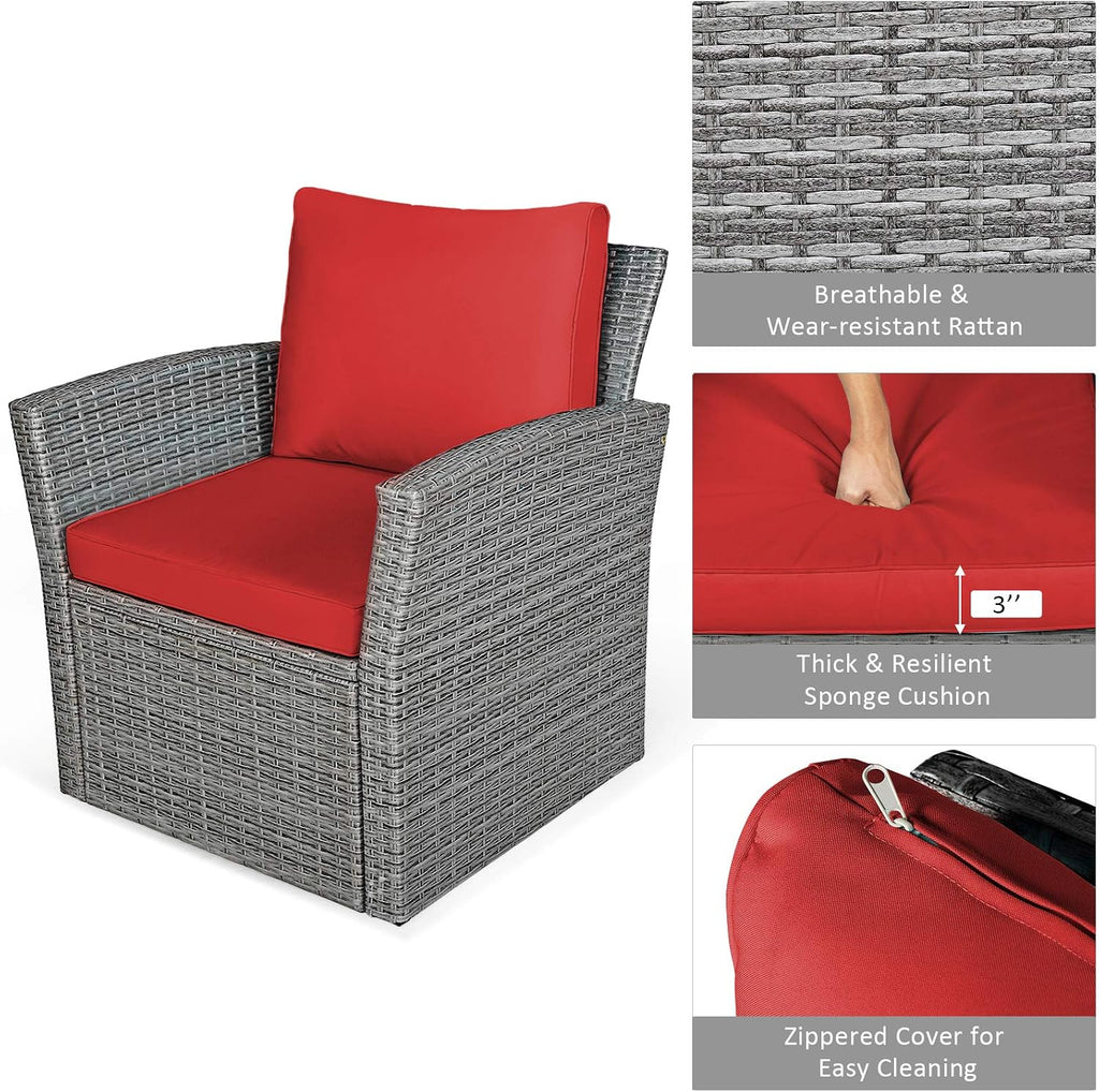 COSTWAY 4 Pieces Patio Rattan Furniture Set, Outdoor Wicker Sofa Set with Tempered Glass Coffee Table, Cushions, All Weather Rattan Conversation Set for Yard Balcony Backyard Pool (Red)
