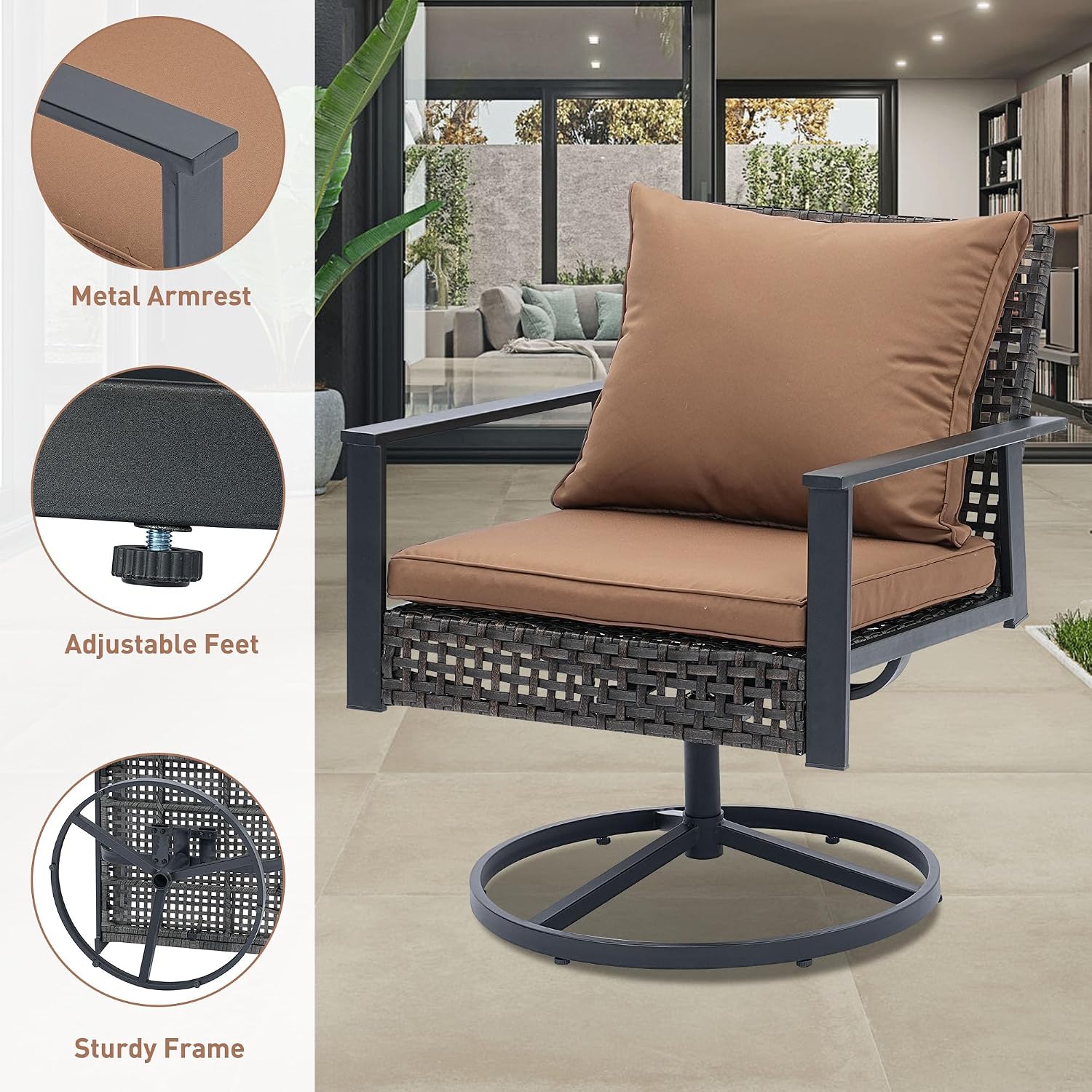 Ainfox Patio Furniture Set 4 Pieces, Patio Wicker Rattan Swivel Rocker, Outdoor Swivel Rocking Chairs Set with Loveseat, Garden Conversation Bistro Sets for Porch, Pool, Backyard Brown