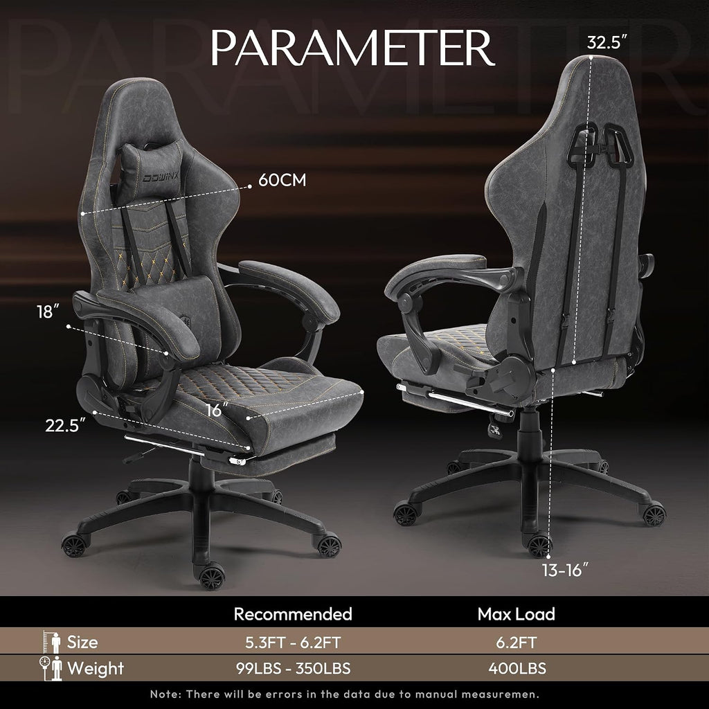 Dowinx Big & Tall Vintage Gaming Chair for Adults, 400 lb Capacity Heavy Duty Ergonomic Computer Chair with Massage Lumbar, Footrest & Easy Side Recline, Grey