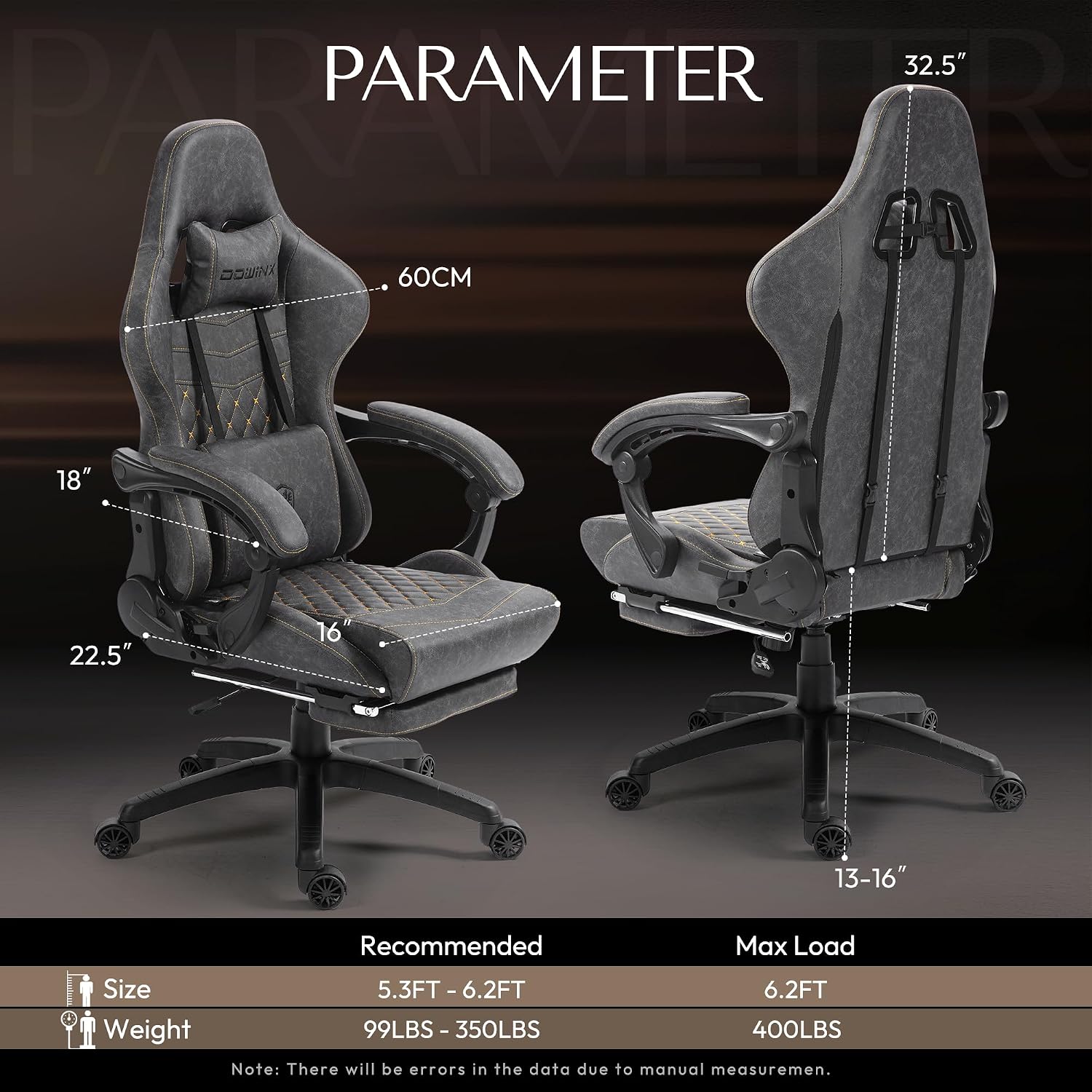 Dowinx Big & Tall Vintage Gaming Chair for Adults, 400 lb Capacity Heavy Duty Ergonomic Computer Chair with Massage Lumbar, Footrest & Easy Side Recline, Grey