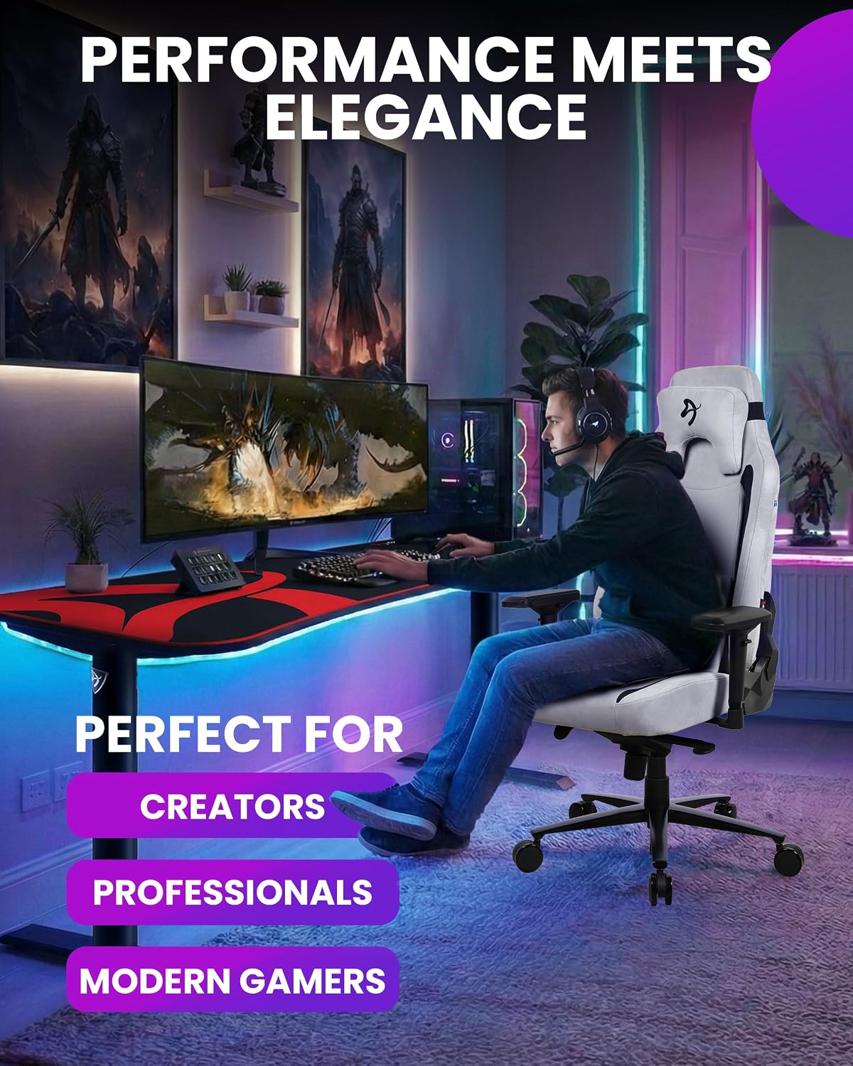 Arozzi Vernazza Supersoft Upholstery Material has a Unique Velvety Texture that is Fluid-Repellant and Breathable with Memory Foam Lumbar Support 4D Armrest for Office and Gaming Chair - Light Grey