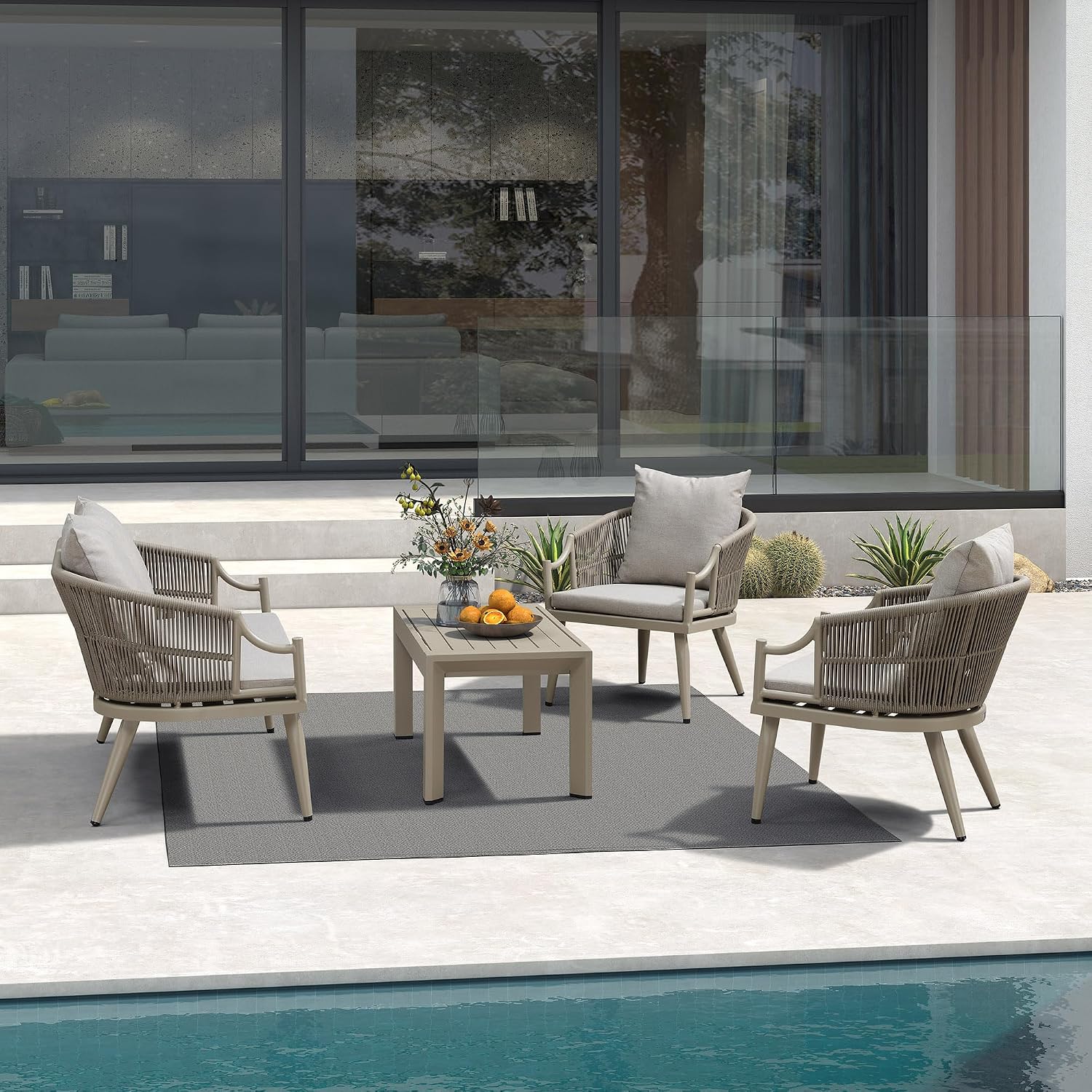 PURPLE LEAF 4-Pieces Wicker Patio Conversation Set Outdoor Rattan Sofa Patio Furniture Set with High-Density Cushion and Aluminum Coffee Table for Backyard Porch Poolside, Champagne