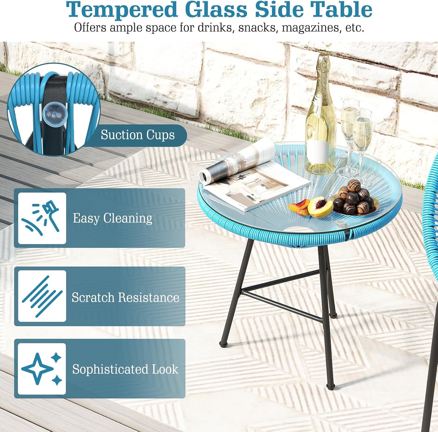 Tangkula 3 Piece Outdoor Patio Furniture Set, Acapulco Chair Set w/Plastic Rope, Tempered Glass Table, All Weather Patio Bistro Set for Patio, Lawn, Garden, Backyard (Turquoise)