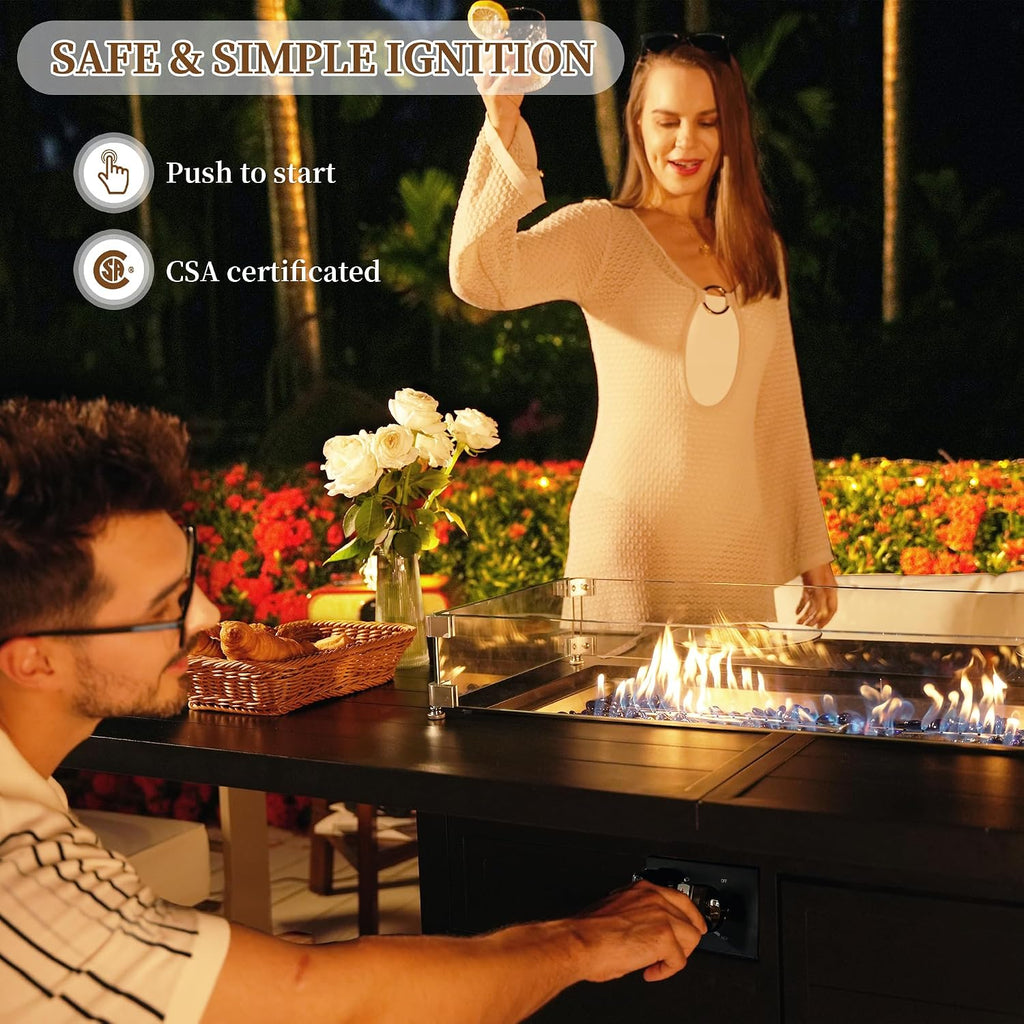 PIZZELLO 7 Piece Patio Furniture Set with 60' Propane Firepit Table, 4Pcs Outdoor Swivel Rocker Chairs with 2 Side Tables and Aluminum Gas Fire Table